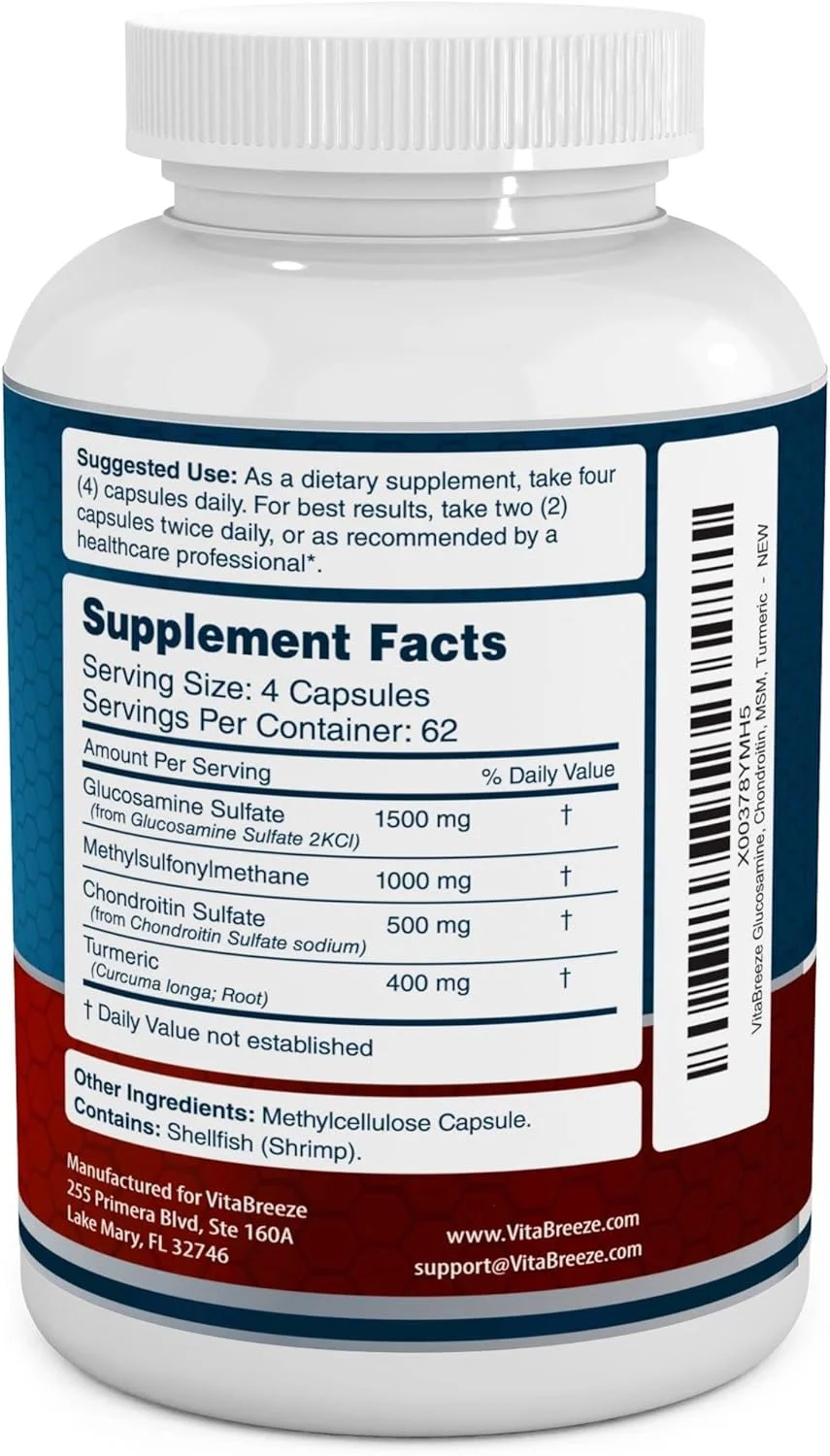 مکمل غذایی گلوکزامین کندرویتین، MSM و زردچوبه VitaBreeze - 248 کپسول مکمل غذایی گلوکزامین کندرویتین، MSM و زردچوبه VitaBreeze - 248 کپسول