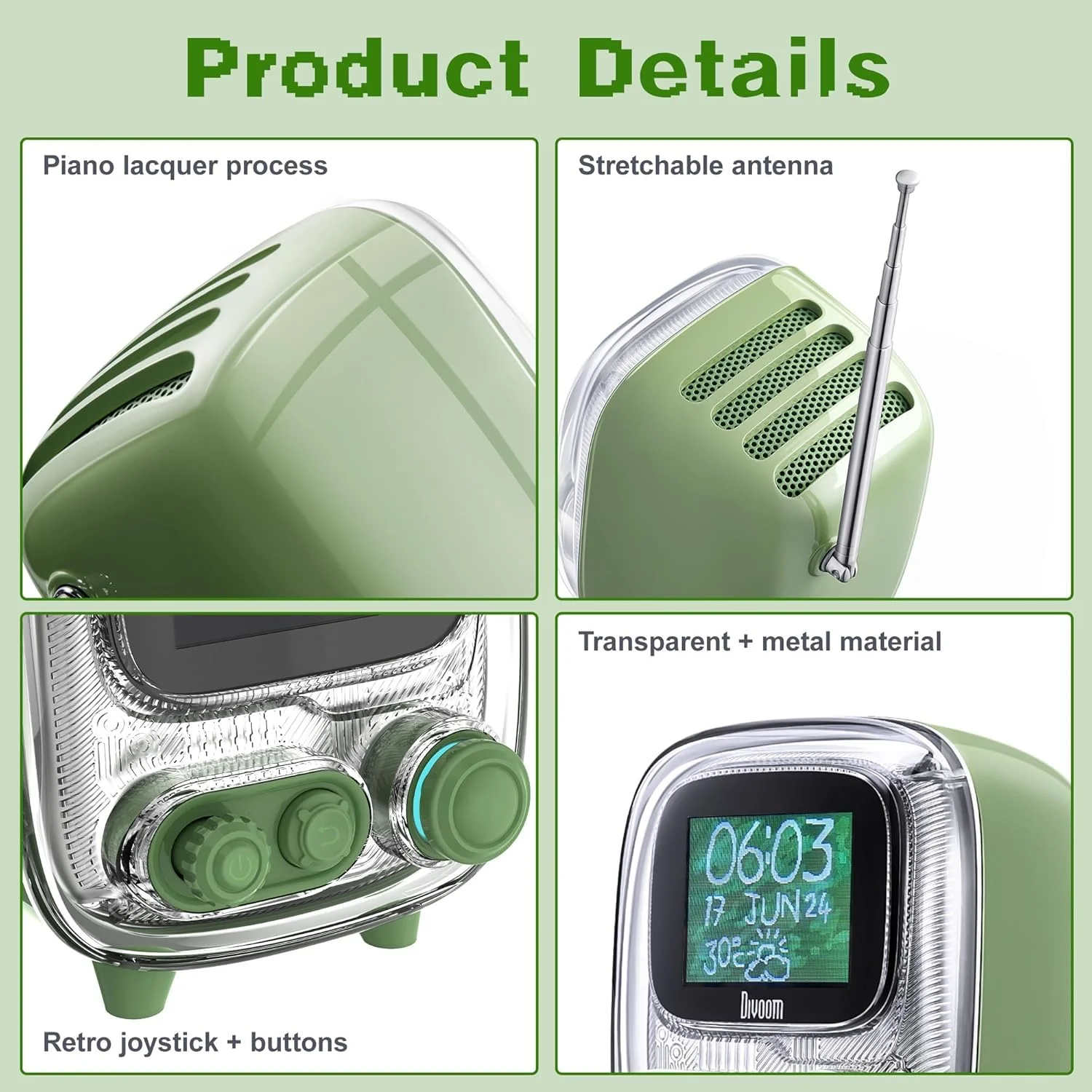 اسپیکر بلوتوثی رترو با طرح پیکسل آرت Divoom Tiivoo-2 به همراه رادیو (سبز) اسپیکر بلوتوثی رترو با طرح پیکسل آرت Divoom Tiivoo-2 به همراه رادیو (سبز)