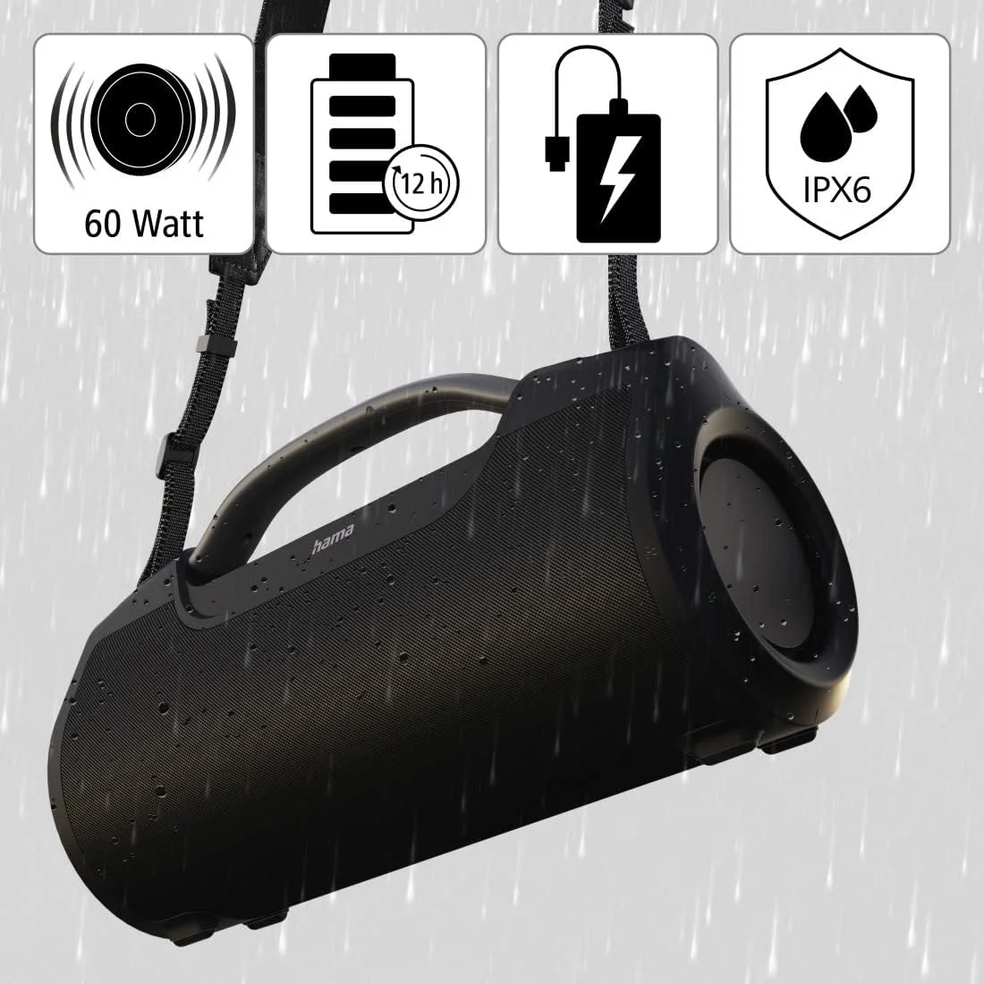 اسپیکر بلوتوثی قابل حمل هاما مدل Soundbarrel 00188217، ضد آب، 60 وات، مشکی، 15.2 سانتی متر * 11.8 سانتی متر * 31.0 سانتی متر