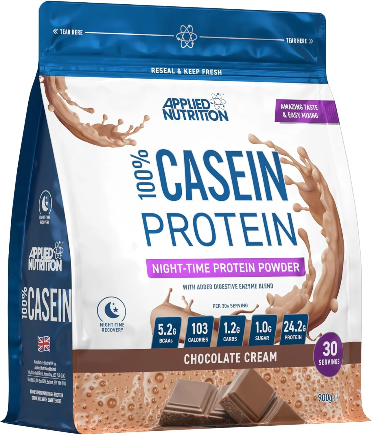 پودر پروتئین کازئین Applied Nutrition - مکمل کازئین میسلار، پروتئین با رهش آهسته (900 گرم - 30 سروینگ) (کرم شکلاتی)