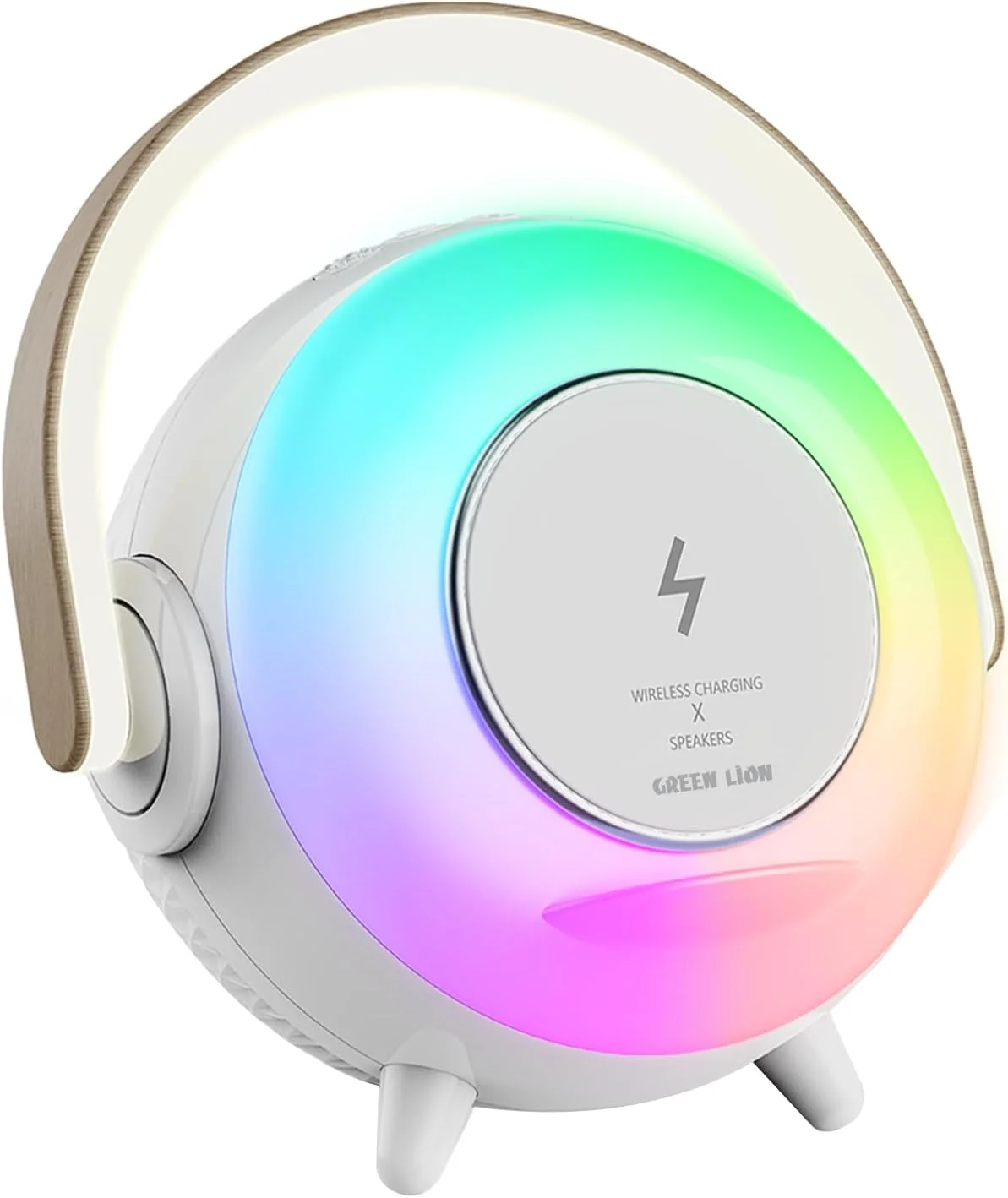 چراغ خواب RGB سه در یک Green Lion Uranus با شارژر وایرلس 15 واتی سازگار با MagSafe، اسپیکر BT، 8 حالت نورپردازی، 5 سطح روشنایی، 6 ساعت زمان کارکرد، مناسب برای اتاق خواب، دفتر کار، اتاق، گیمینگ - سفید