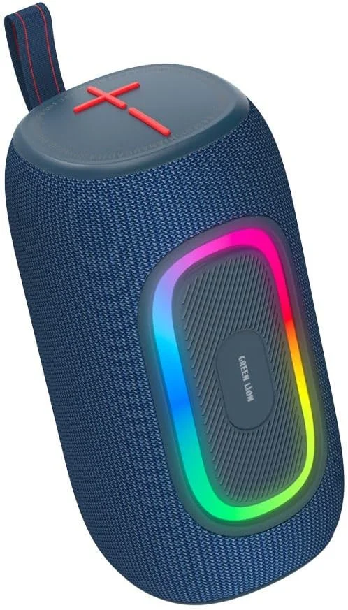 اسپیکر بی سیم گرین لاین Pristone Pro با ظرفیت 1500mAh، بلوتوث V5.2، ضد آب IPX6، 7 ساعت زمان کار، بیس اضافی، نورهای RGB، پشتیبانی از کارت FM TF و USB، قابل حمل و آسان برای حمل (آبی)