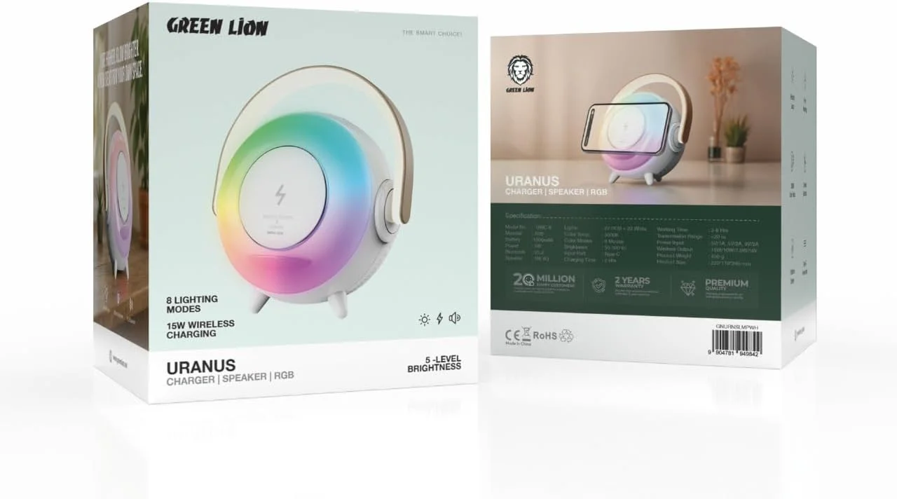 چراغ خواب RGB سه در یک Green Lion Uranus با شارژر وایرلس 15 واتی سازگار با MagSafe، اسپیکر BT، 8 حالت نورپردازی، 5 سطح روشنایی، 6 ساعت زمان کارکرد، مناسب برای اتاق خواب، دفتر کار، اتاق، گیمینگ - سفید چراغ خواب RGB سه در یک Green Lion Uranus با شارژر وایرلس 15 واتی سازگار با MagSafe، اسپیکر BT، 8 حالت نورپردازی، 5 سطح روشنایی، 6 ساعت زمان کارکرد، مناسب برای اتاق خواب، دفتر کار، اتاق، گیمینگ - سفید