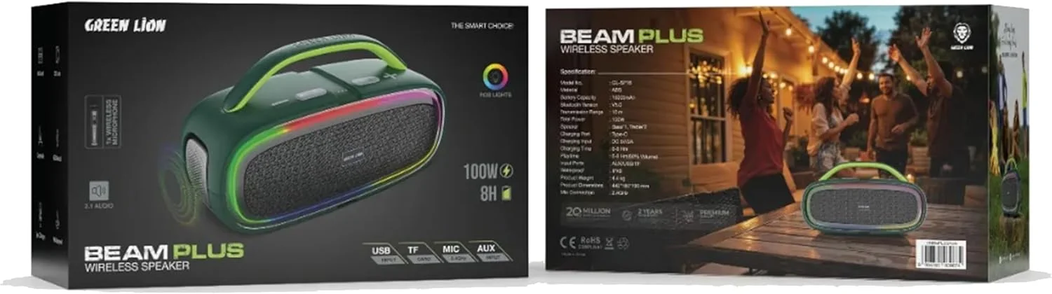 اسپیکر بیسیم Green Lion BeamPlus، 100 وات، 8 ساعت پخش، اسپیکر قابل حمل، نورهای RGB، صدای HiFi، برد 10 متری، بلوتوث V5.0، ورودی AUX/USB/TF، ضد آب IPX6، شامل میکروفون بیسیم (سبز) اسپیکر بیسیم Green Lion BeamPlus، 100 وات، 8 ساعت پخش، اسپیکر قابل حمل، نورهای RGB، صدای HiFi، برد 10 متری، بلوتوث V5.0، ورودی AUX/USB/TF، ضد آب IPX6، شامل میکروفون بیسیم (سبز)