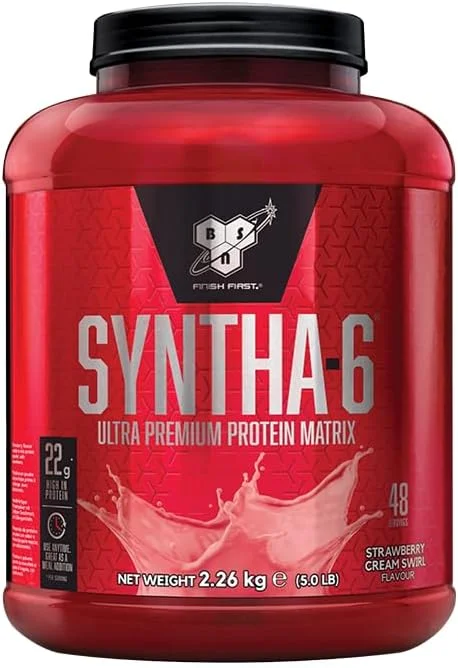 پودر پروتئین فوق العاده ممتاز BSN Syntha 6 برای رشد و ترمیم عضلات، کم شکر و پروتئین بالا، طعم خامه توت فرنگی، 48 سروینگ، 2.26 کیلوگرم