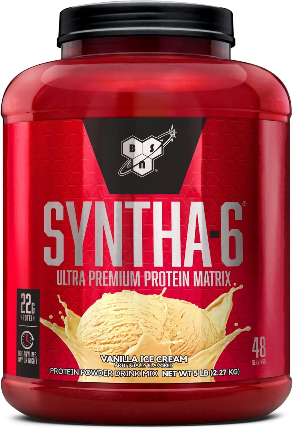 پودر پروتئین ماتریکس فوق العاده ممتاز BSN Syntha-6، پودر پروتئین وی، کازئین میسلار، پودر پروتئین ایزوله شیر - بستنی وانیلی، 5 پوند، 48 سروینگ (2.27 کیلوگرم)