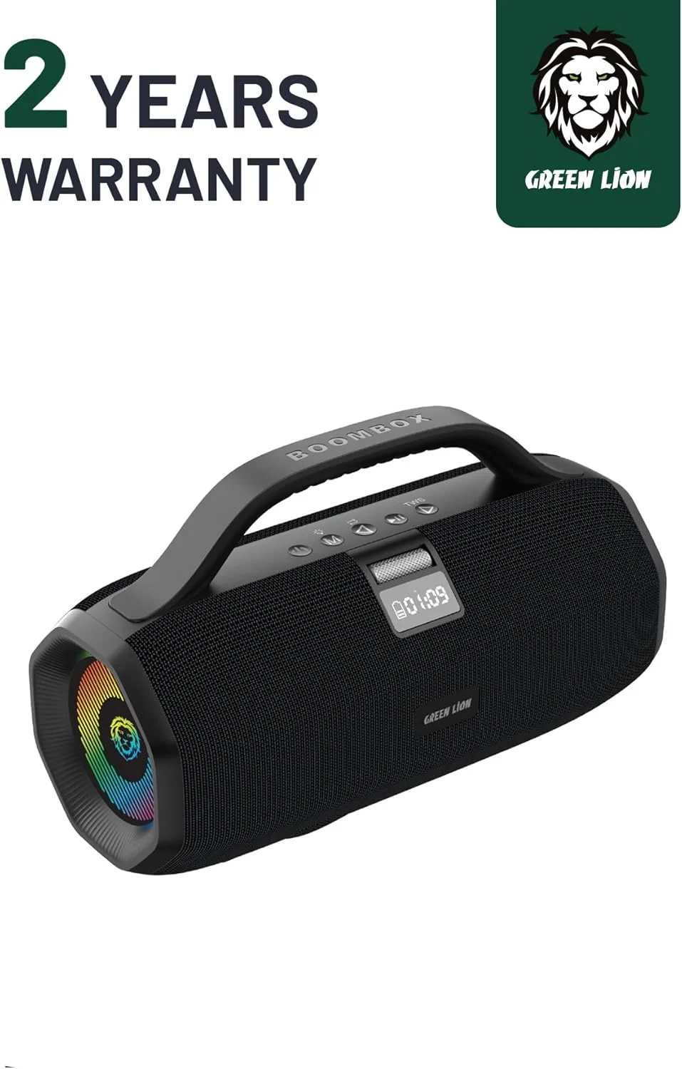 اسپیکر بی سیم Green Lion BoomBeats با نمایشگر دیجیتال 6000mAh، BT V5.2، 7 ساعت زمان کار، پشتیبانی از FM و Dual Machine TWS، ضد آب IPX6، چراغ های RGB - مشکی اسپیکر بی سیم Green Lion BoomBeats با نمایشگر دیجیتال 6000mAh، BT V5.2، 7 ساعت زمان کار، پشتیبانی از FM و Dual Machine TWS، ضد آب IPX6، چراغ های RGB - مشکی