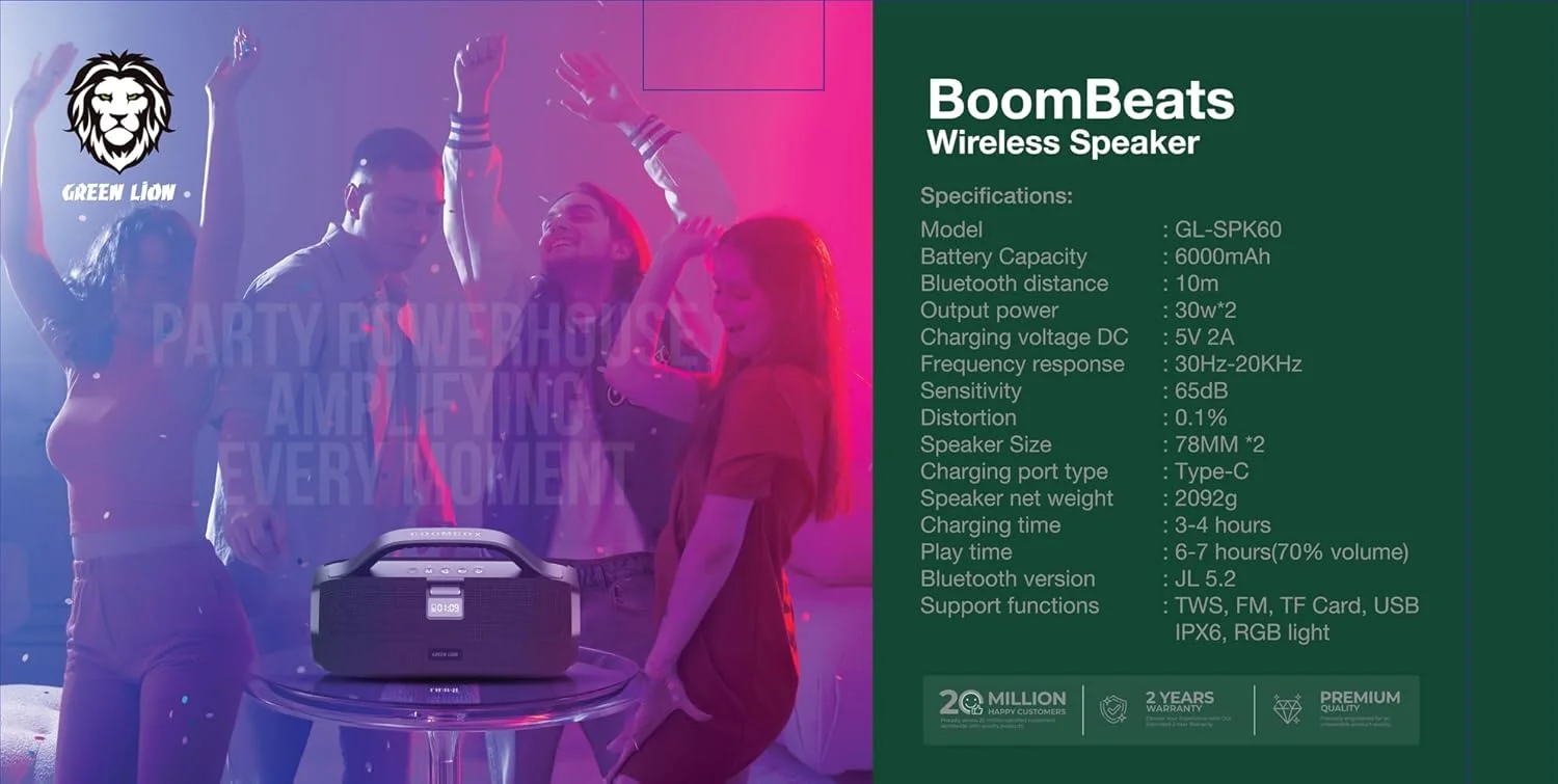 اسپیکر بی سیم Green Lion BoomBeats با نمایشگر دیجیتال 6000mAh، BT V5.2، 7 ساعت زمان کار، پشتیبانی از FM و Dual Machine TWS، ضد آب IPX6، چراغ های RGB - مشکی اسپیکر بی سیم Green Lion BoomBeats با نمایشگر دیجیتال 6000mAh، BT V5.2، 7 ساعت زمان کار، پشتیبانی از FM و Dual Machine TWS، ضد آب IPX6، چراغ های RGB - مشکی