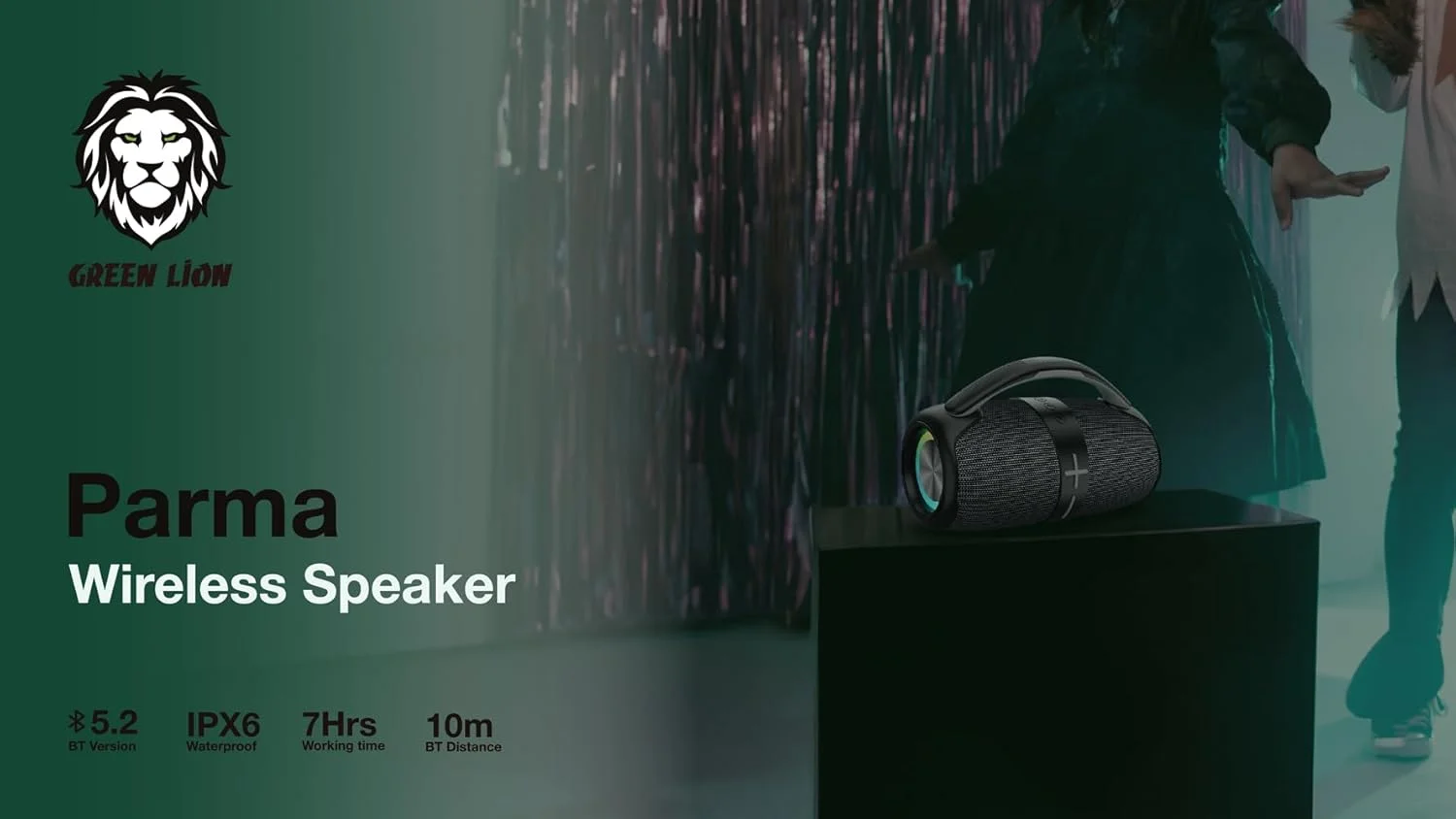 اسپیکر بی سیم Green Lion BoomBeats با نمایشگر دیجیتال 6000mAh، BT V5.2، 7 ساعت زمان کار، پشتیبانی از FM و Dual Machine TWS، ضد آب IPX6، چراغ های RGB - مشکی اسپیکر بی سیم Green Lion BoomBeats با نمایشگر دیجیتال 6000mAh، BT V5.2، 7 ساعت زمان کار، پشتیبانی از FM و Dual Machine TWS، ضد آب IPX6، چراغ های RGB - مشکی
