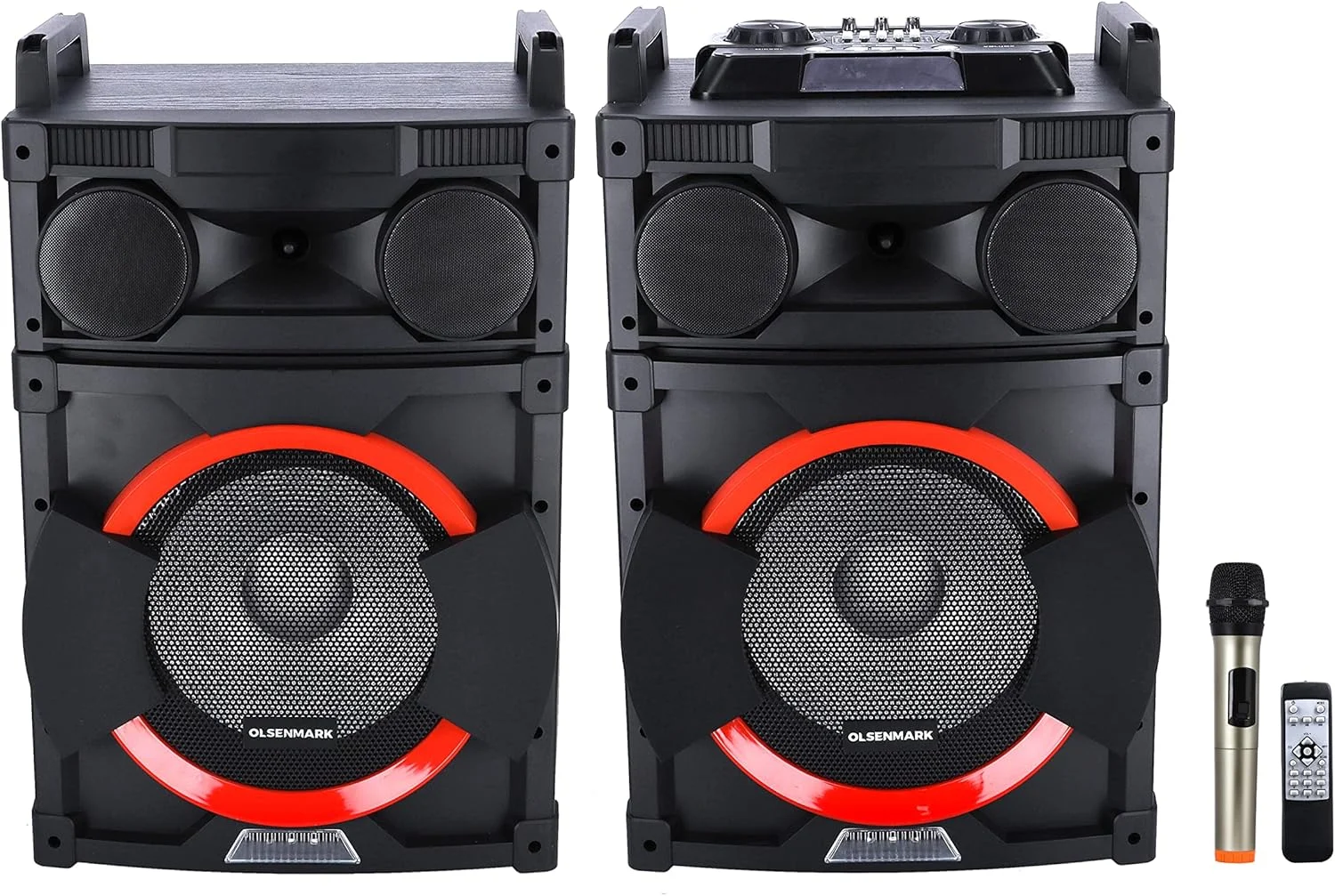 اسپیکر حرفه ای 2.0 Olsenmark، میکروفون و کنترل از راه دور، omms1294 usb/sd/fm/bt 95000w pmpo ایده آل برای دیسکو، آواز، کارائوکه، مشکی (بازسازی شده)