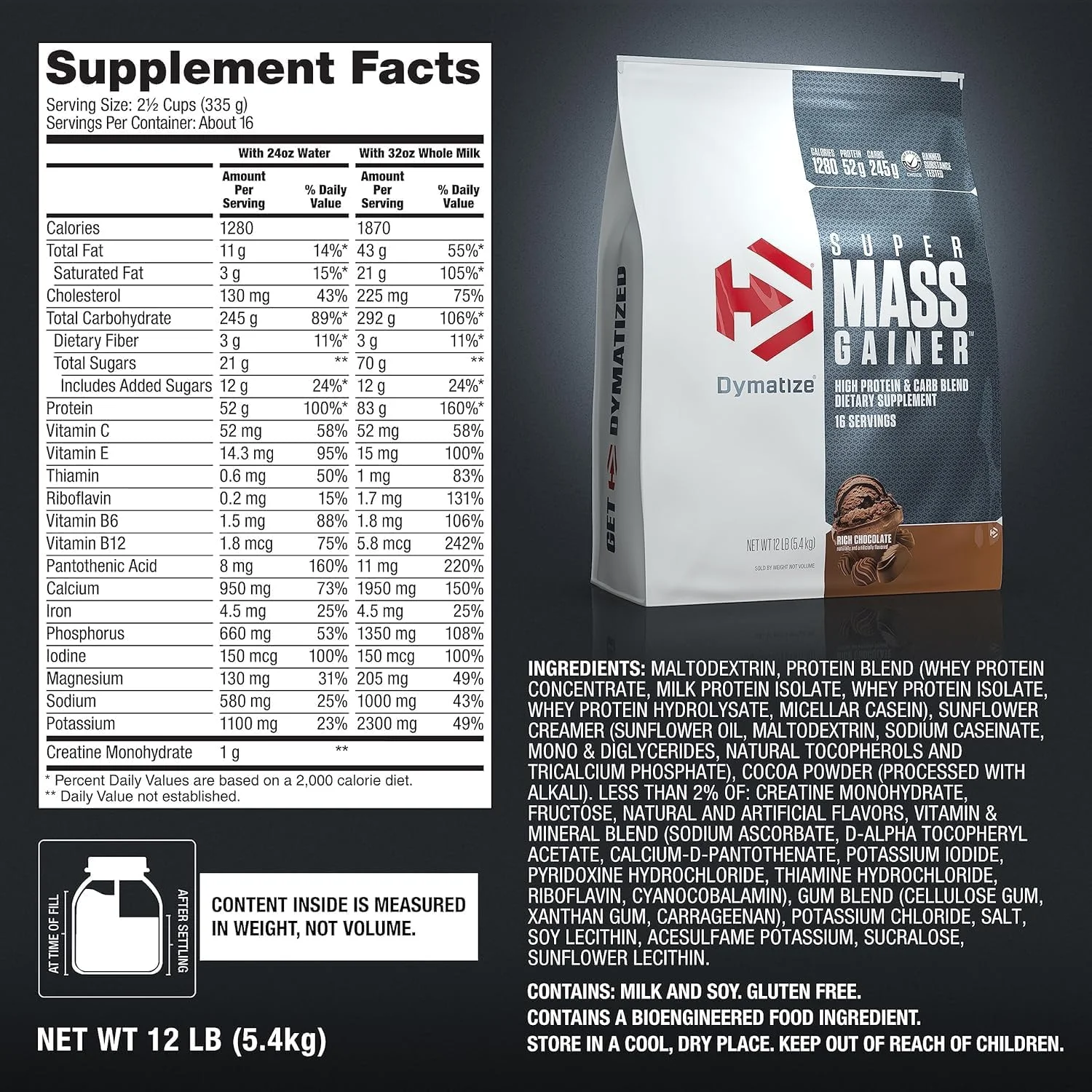 پودر پروتئین افزایش وزن Dymatize Super Mass Gainer، 1280 کالری و 52 گرم پروتئین، 10.7 گرم BCAA، به راحتی مخلوط می شود، طعم لذیذ، شکلات غنی (5.4 کیلوگرم)