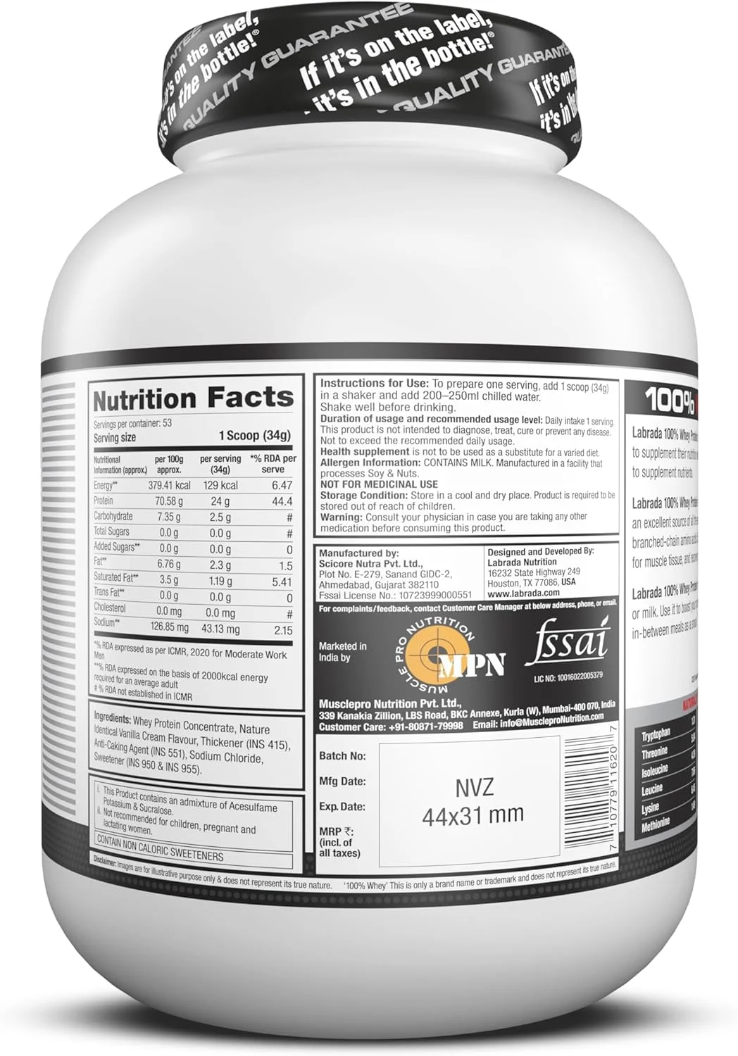لابرادا نوتریشن 100% پروتئین وی (وانیلی، 1875 گرم/4.13 پوند، 50 سروینگ) 24 گرم پروتئین، 1 گرم شکر، بدون چربی ترانس، سرشار از گلوتامین و بدون گلوتن