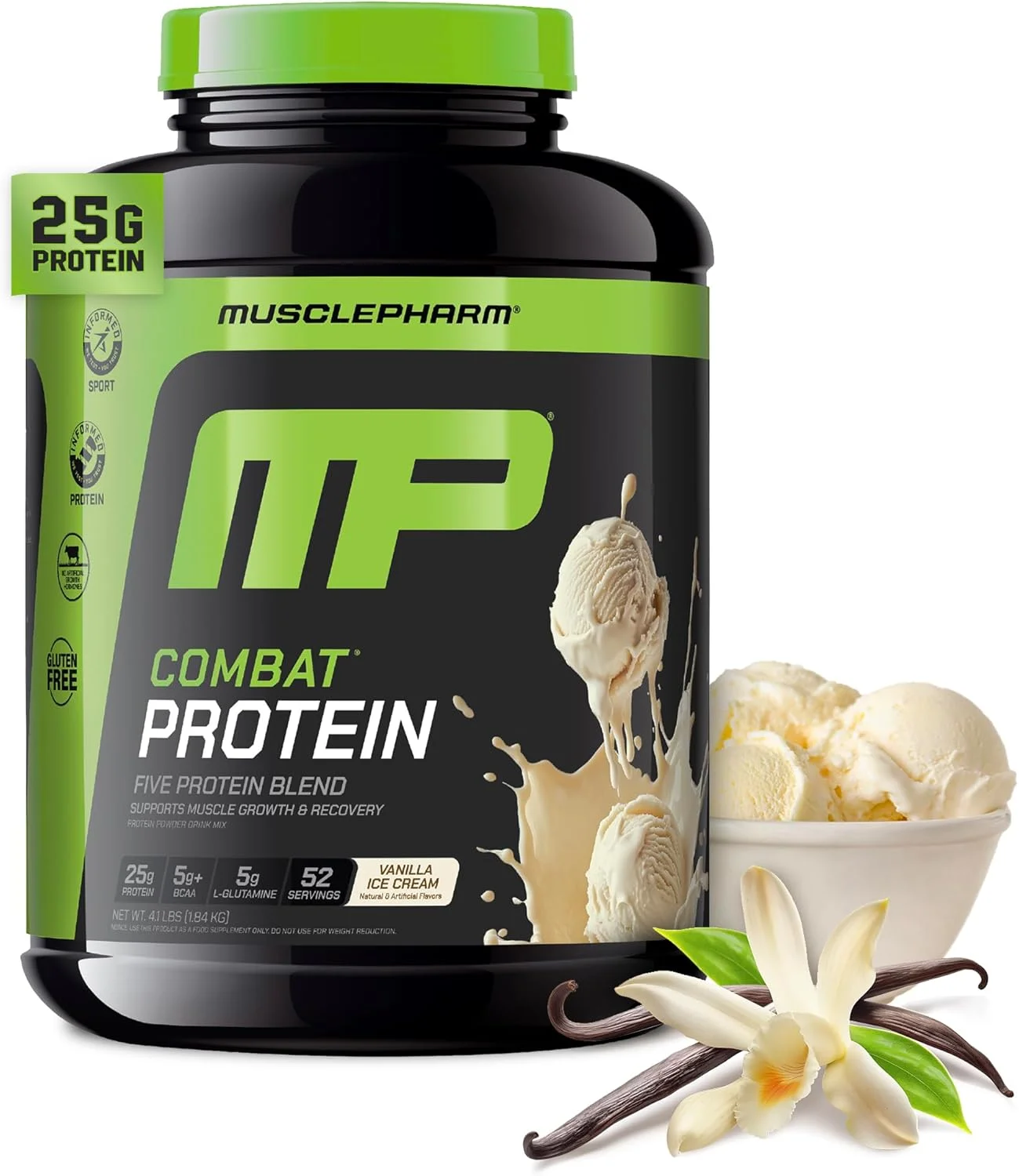 پودر پروتئین Combat MusclePharm، وانیلی - 4 پوند - بدون گلوتن - 52 سروینگ