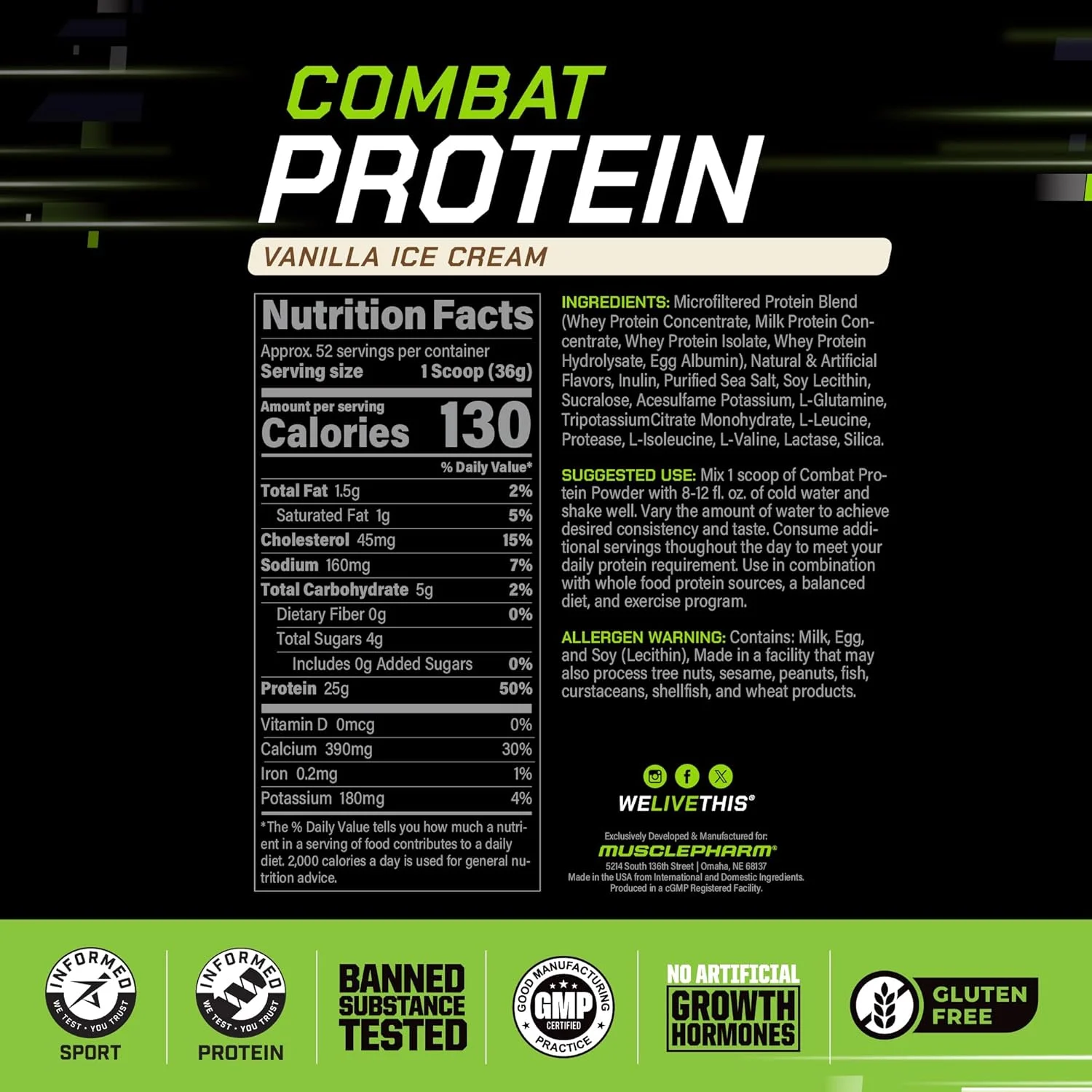 پودر پروتئین Combat MusclePharm، وانیلی - 4 پوند - بدون گلوتن - 52 سروینگ پودر پروتئین Combat MusclePharm، وانیلی - 4 پوند - بدون گلوتن - 52 سروینگ