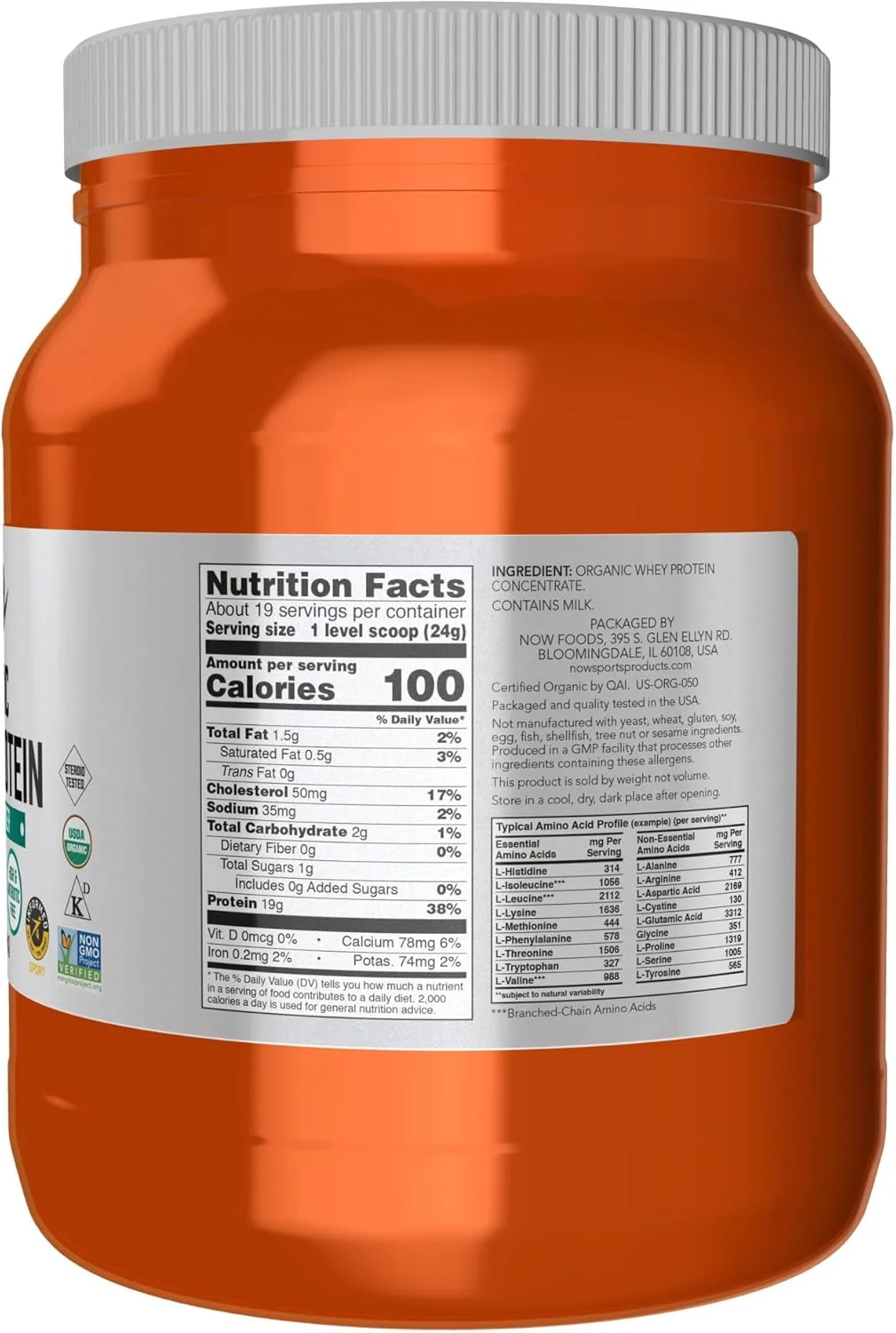 NOW Sports Nutrition، پروتئین وی ارگانیک تایید شده 19 گرم، پودر بدون طعم، 1 پوند NOW Sports Nutrition، پروتئین وی ارگانیک تایید شده 19 گرم، پودر بدون طعم، 1 پوند