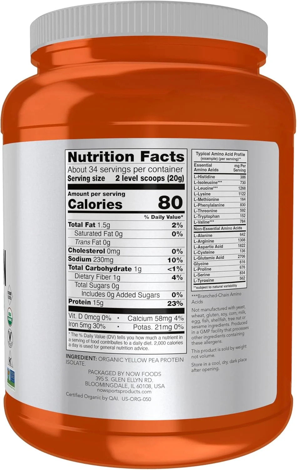 NOW Sports Nutrition، پروتئین نخود فرنگی ارگانیک تایید شده، 15 گرم، پودر بدون طعم، 1.5 پوند
