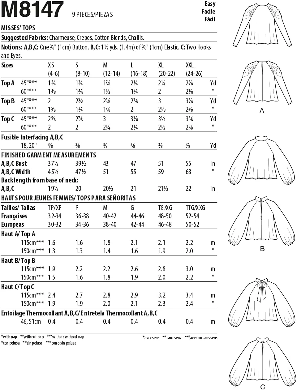 الگوهای خیاطی بلوز آستین رگلان زنانه McCall's M8147Y، کد طراحی M8147، سایز XS-M