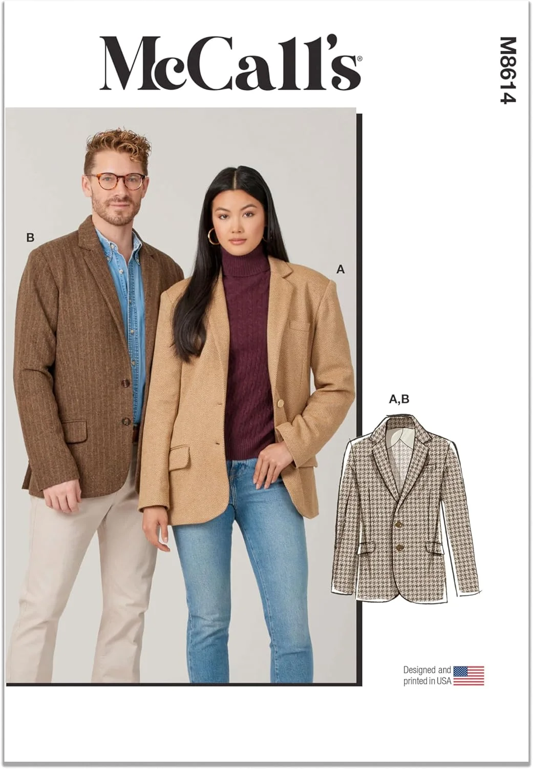 الگوی خیاطی آسان برای ساخت بلیزر یقه شکاری یونیسکس McCall's M8614A، کد طراحی M8614، سایزهای XS-S-M-L-XL-XXL
