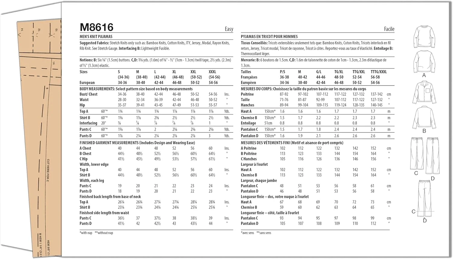 الگوی خیاطی پیراهن و شلوار پیژامه بافتنی مردانه McCall's M8616A، کد طراحی M8616، سایزهای S-M-L-XL-XXL-XXXL