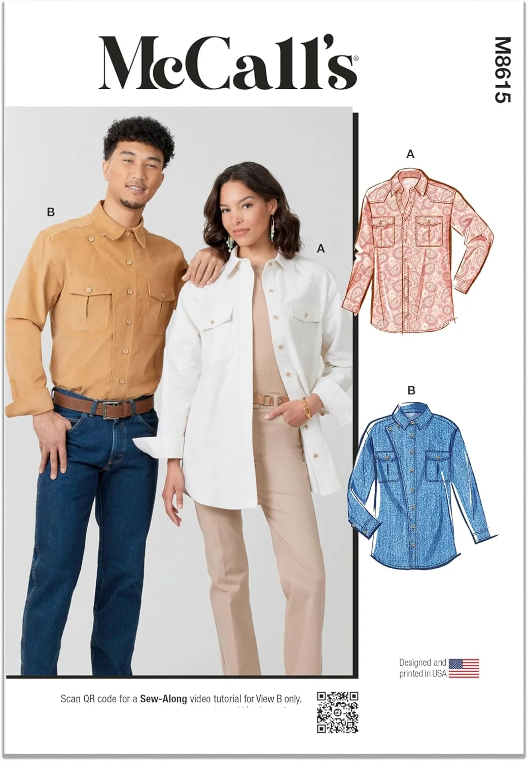 الگوی خیاطی آسان برای دوخت پیراهن های دکمه دار جلوباز غیررسمی و اسپرت مدل M8615A مک کال، کد طراحی M8615، سایزهای XS-S-M-L-XL-XXL