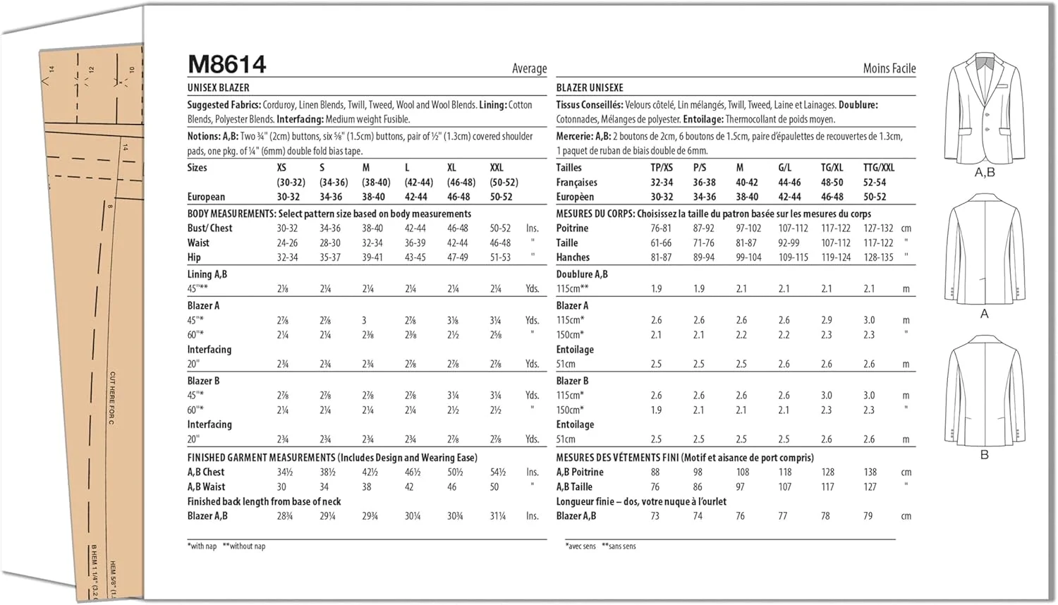الگوی خیاطی آسان برای ساخت بلیزر یقه شکاری یونیسکس McCall's M8614A، کد طراحی M8614، سایزهای XS-S-M-L-XL-XXL
