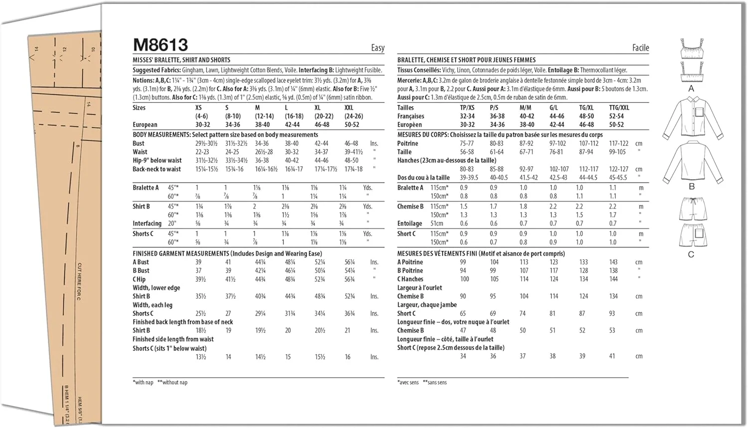 الگوی خیاطی آسان برای ساخت سوتین توری، پیراهن دکمه دار و شورت زنانه McCall's M8613A، کد طراحی M8613، سایزهای XS-S-M-L-XL-XXL