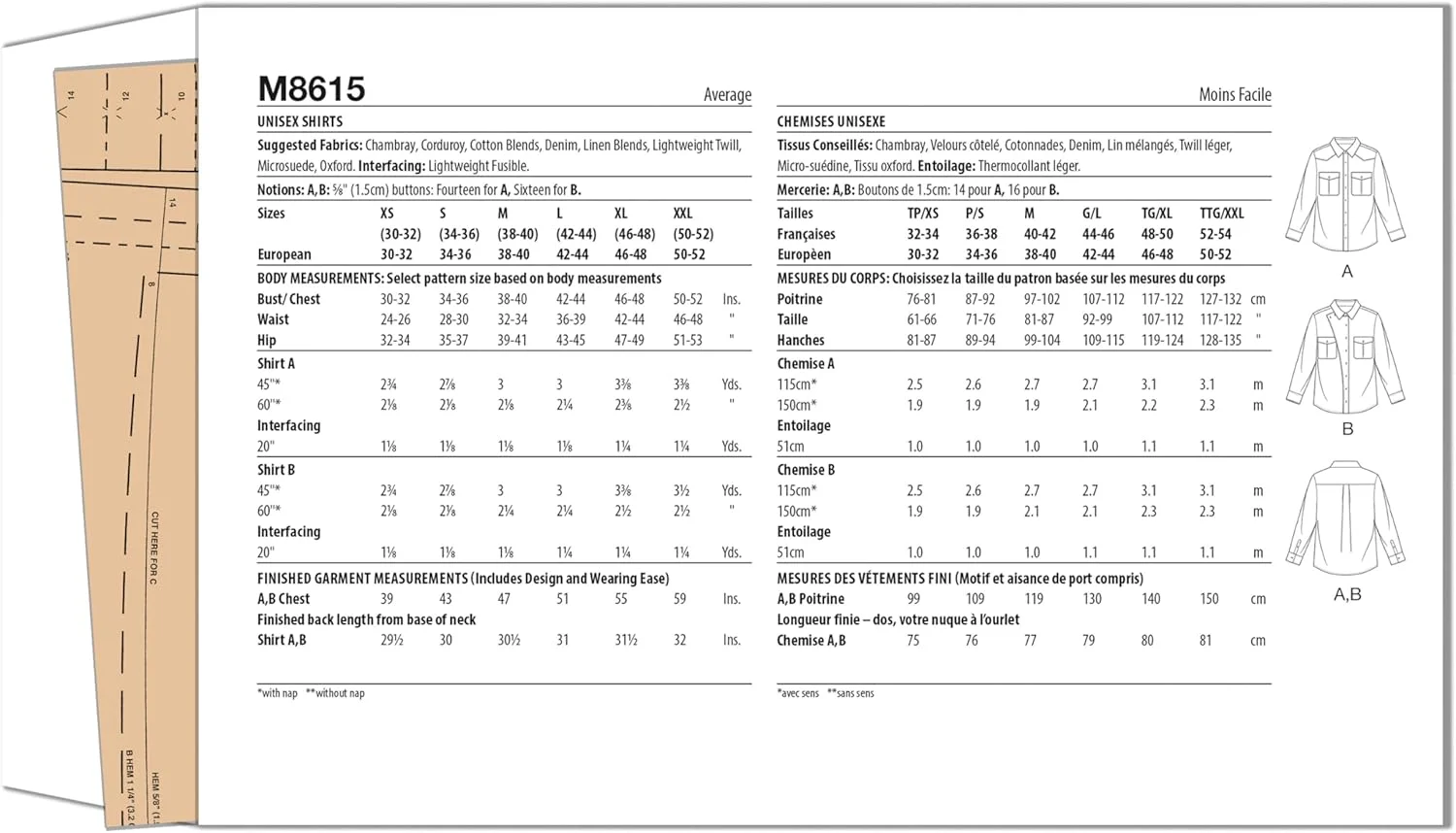 الگوی خیاطی آسان برای دوخت پیراهن های دکمه دار جلوباز غیررسمی و اسپرت مدل M8615A مک کال، کد طراحی M8615، سایزهای XS-S-M-L-XL-XXL الگوی خیاطی آسان برای دوخت پیراهن های دکمه دار جلوباز غیررسمی و اسپرت مدل M8615A مک کال، کد طراحی M8615، سایزهای XS-S-M-L-XL-XXL