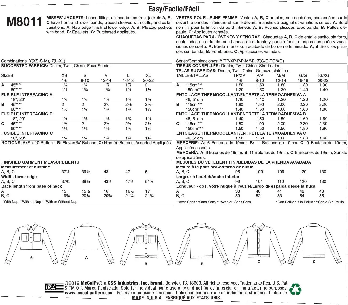 الگوهای خیاطی کت دکمه دار گشاد زنانه شرکت مک کال، سایزهای 16-22 الگوهای خیاطی کت دکمه دار گشاد زنانه شرکت مک کال، سایزهای 16-22