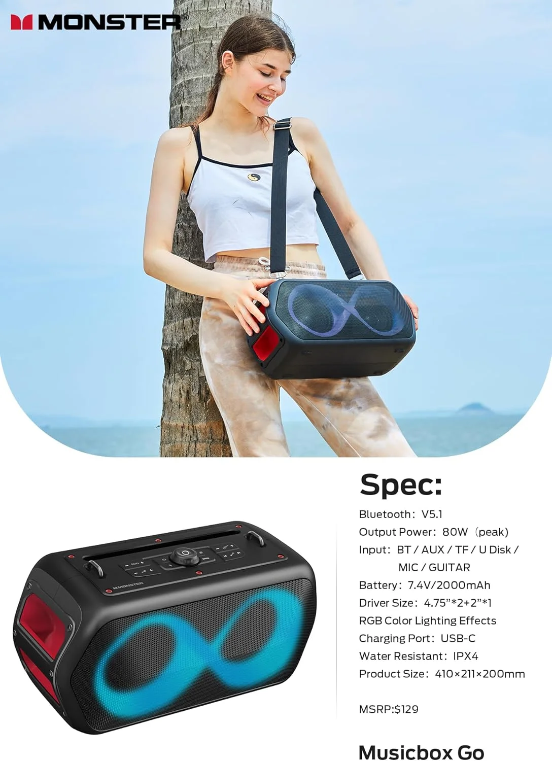 اسپیکر بلوتوثی بی سیم قابل حمل مانستر Musicbox Go Party با قابلیت کارائوکه و ضد آب اسپیکر بلوتوثی بی سیم قابل حمل مانستر Musicbox Go Party با قابلیت کارائوکه و ضد آب