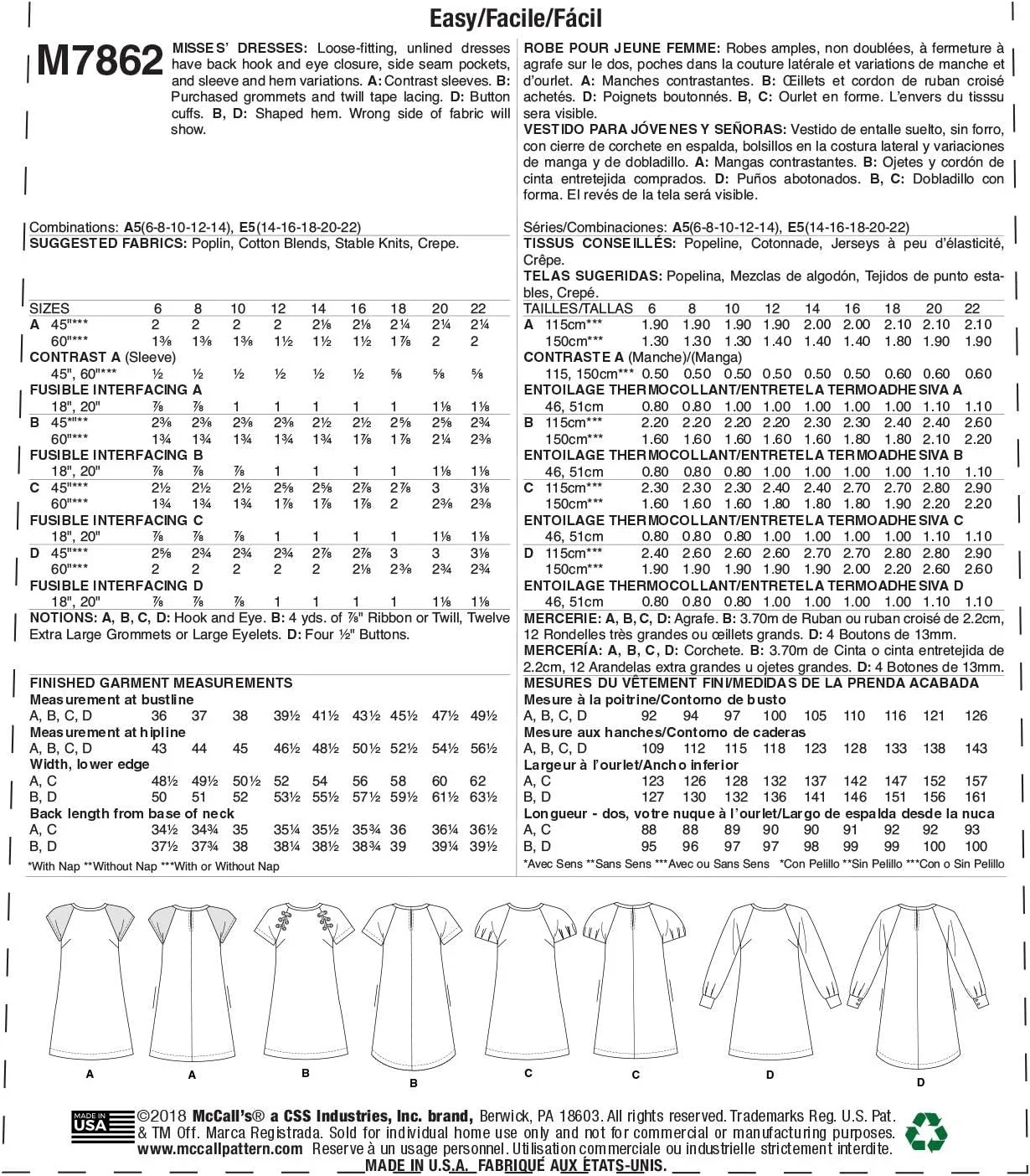 الگوی خیاطی مک کال برای لباس زنانه آستین کوتاه و بلند، سایزهای 6-14، طرح ساده