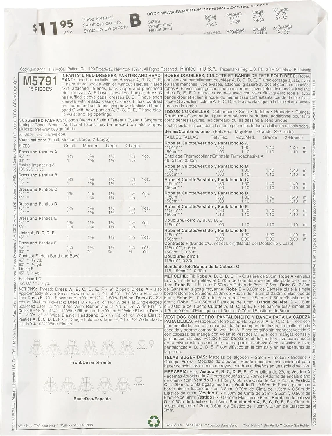 الگوهای خیاطی مک کالز M5791 برای لباس های آستردار نوزادان، شورت و هدبند