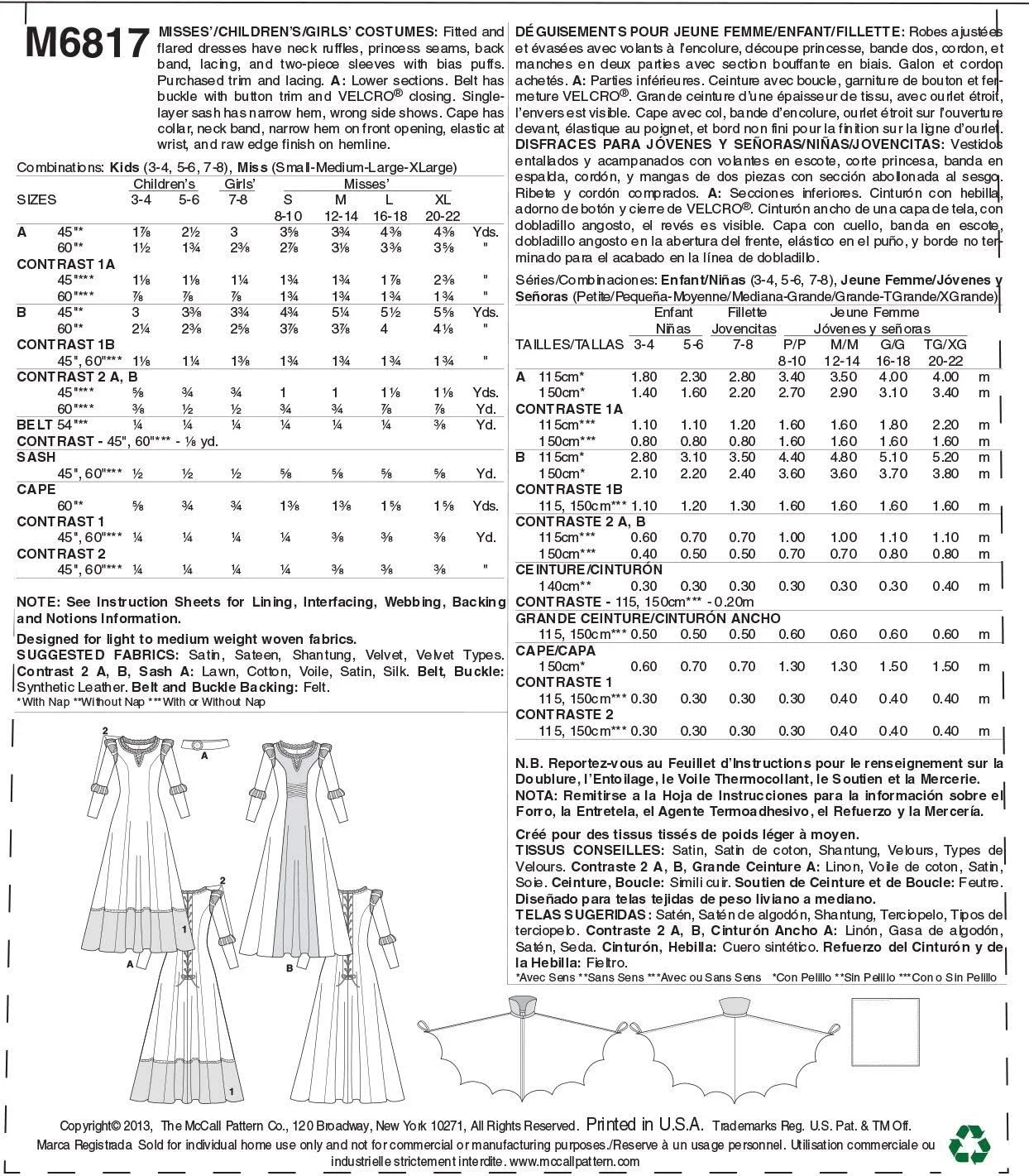 الگوهای خیاطی مک کال M6817 سایزهای کوچک/متوسط/بزرگ/خیلی بزرگ زنانه/بچگانه/دخترانه، لباس های فانتزی، بسته 1 عددی، سفید