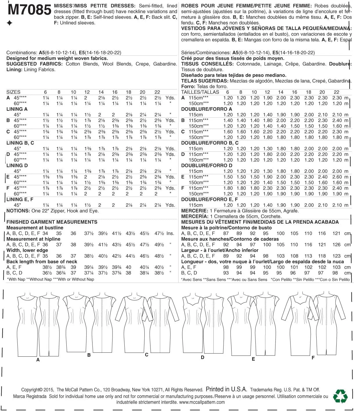 الگوهای خیاطی مک کالز MC7085 E5، لباس های زنانه سایز کوچک، سایزهای 14-16-18-20-22