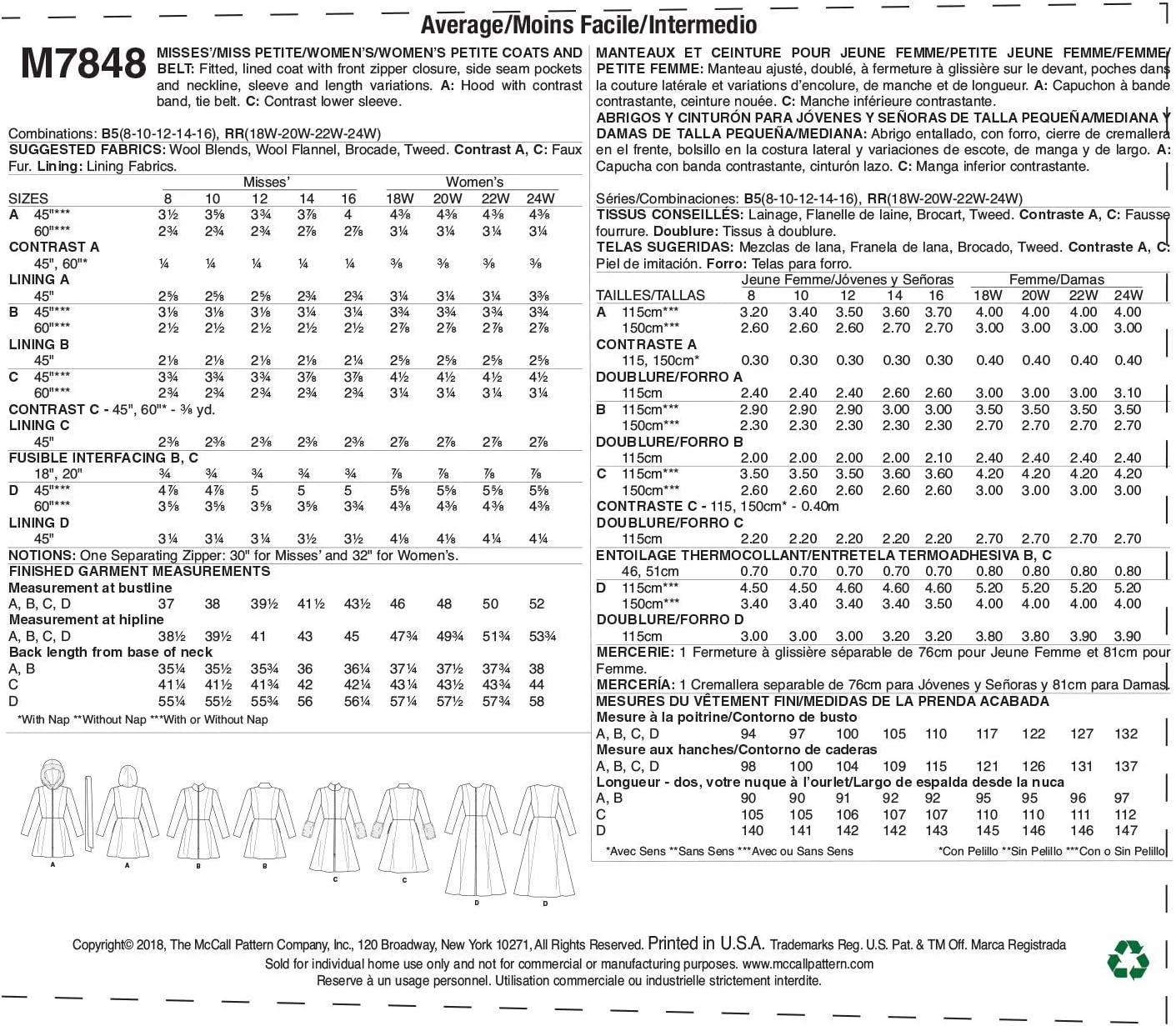 الگوهای مک کالز، الگوی دوخت کت زمستانی رسمی زنانه مک کالز تا زانو و مچ پا، سایزهای بزرگ 18W-24W