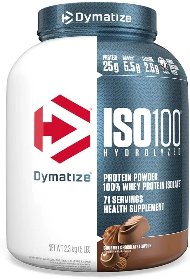 پودر پروتئین هیدرولیز شده Dymatize ISO100، پروتئین ایزوله 100% وی، 25 گرم پروتئین، 5.5 گرم BCAA، بدون گلوتن، جذب سریع، هضم آسان، شکلات گورمت، 5 پوند