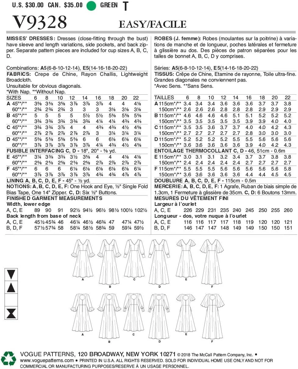 الگوی خیاطی McCall's V9328 Vogue، الگو، کاغذی، سفید، 14-16-18-20-22
