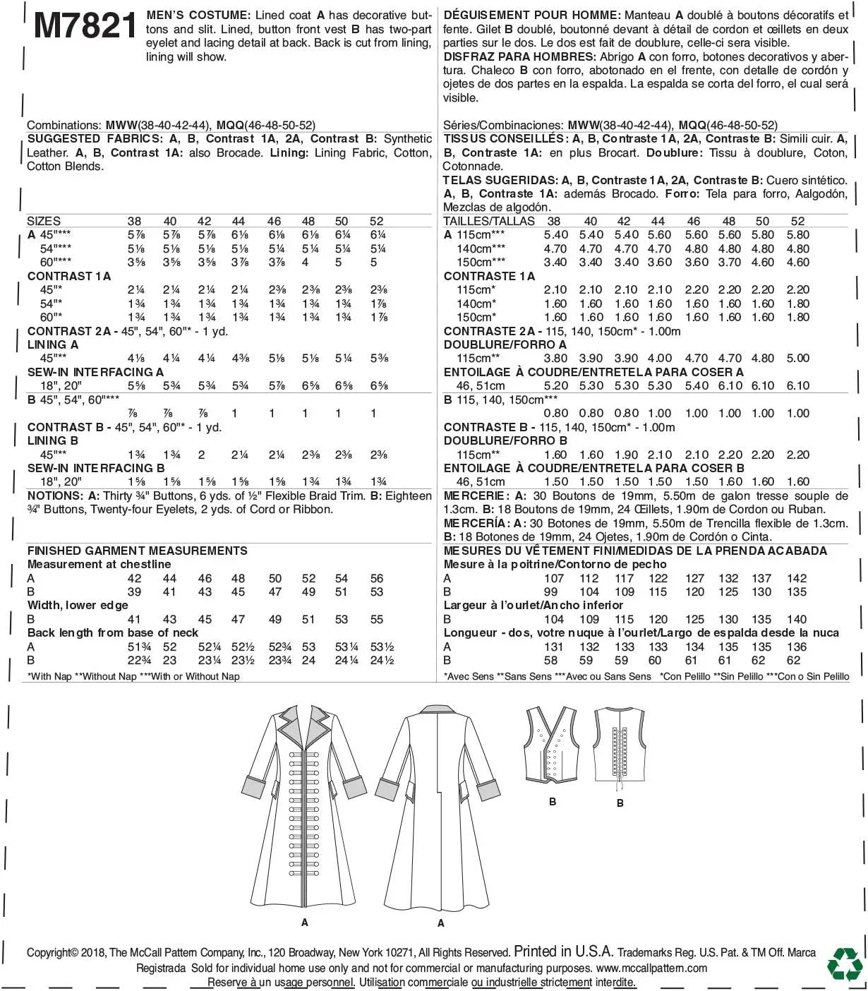 الگوی خیاطی McCall's M7821، الگو، کاغذ، سفید، سایز 38-40-42-44