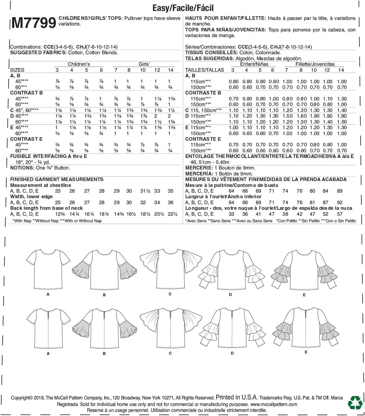 الگوی خیاطی McCall's M7799، الگو، کاغذ، سفید، 3-4-5-6