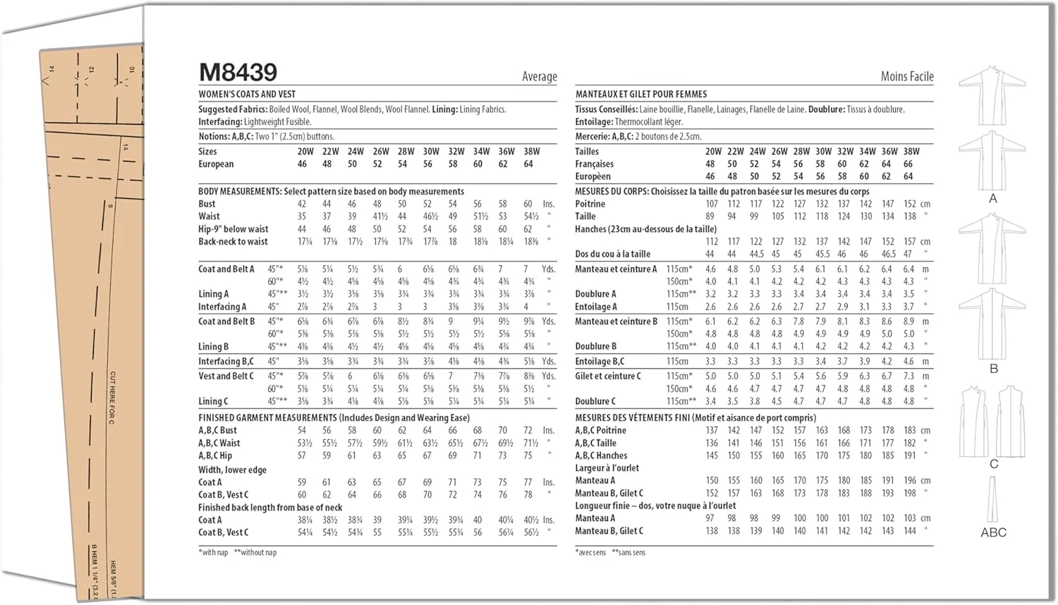 الگوی خیاطی کت و جلیقه یقه ایستاده زنانه مک کال، کد طراحی M8439، سایزهای 30W-32W-34W-36W-38W
