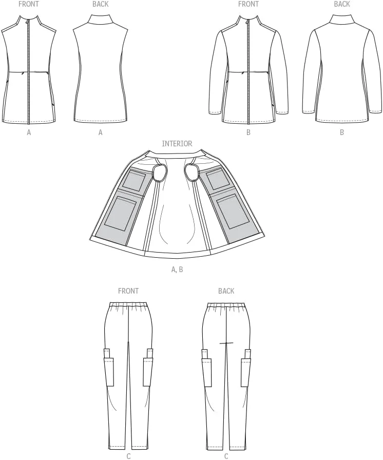 الگوی خیاطی لباس اسکراب زنانه مک کال با ژاکت زیپ دار، جلیقه و شلوار راسته باریک، کد طراحی M8468، سایزهای L-XL-XXL، چند رنگ