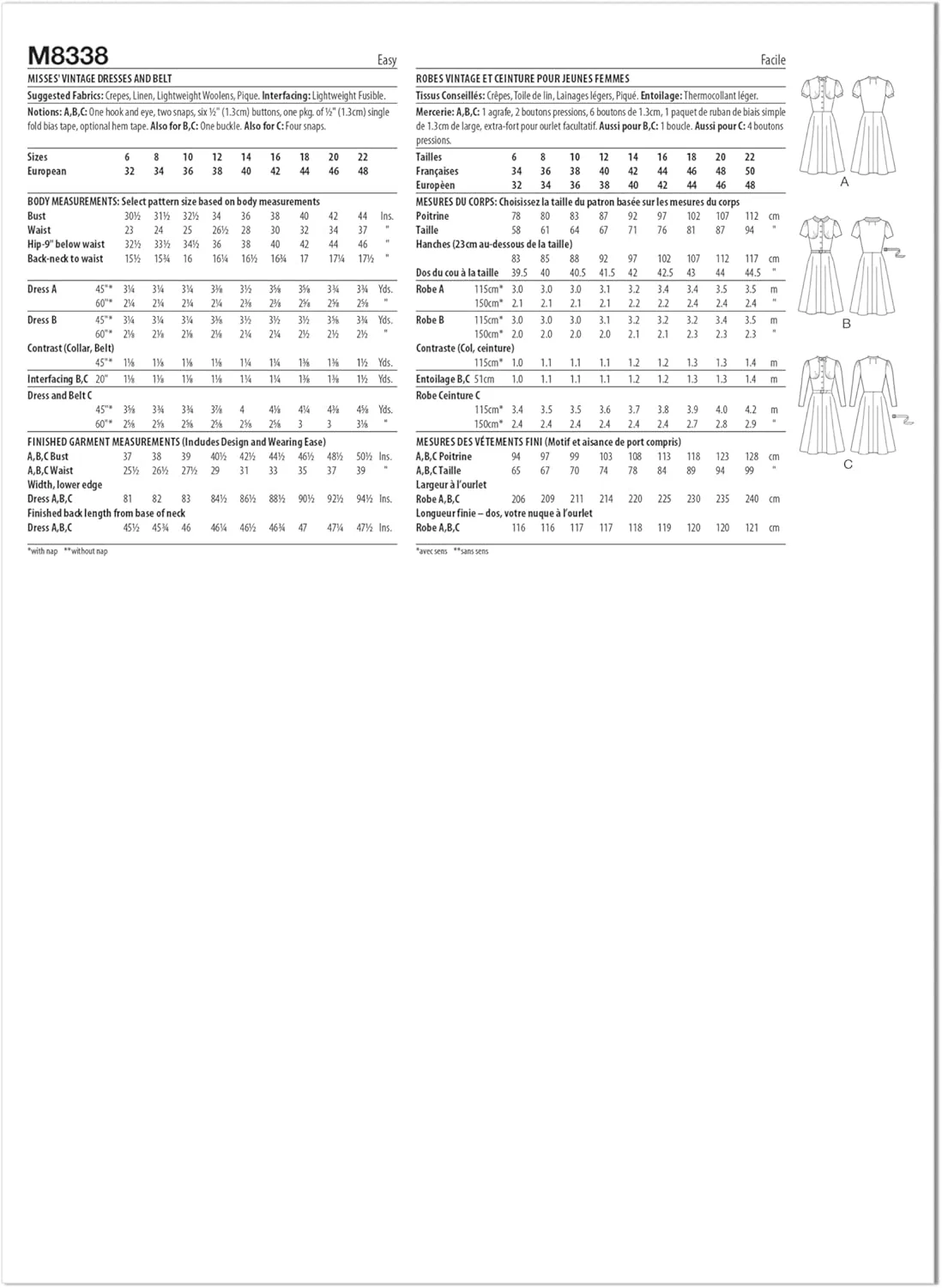 الگوی خیاطی لباس و کمربند زنانه وینتیج مک کالز، کد طراحی M8338، سایز 14-16-18-20-22، چند رنگ