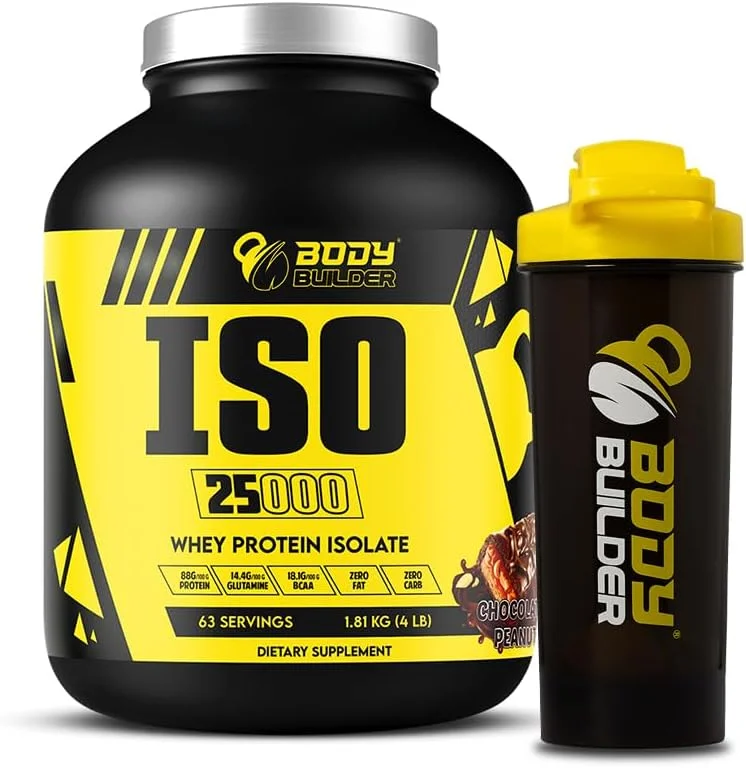 پودر پروتئین وی ایزوله Body Builder ISO 25000 (4 پوند) - 88% پروتئین - بدون شکر، کربوهیدرات و چربی - با 18% BCAA و 14% گلوتامین (4 پوند، شکلات بادام زمینی)