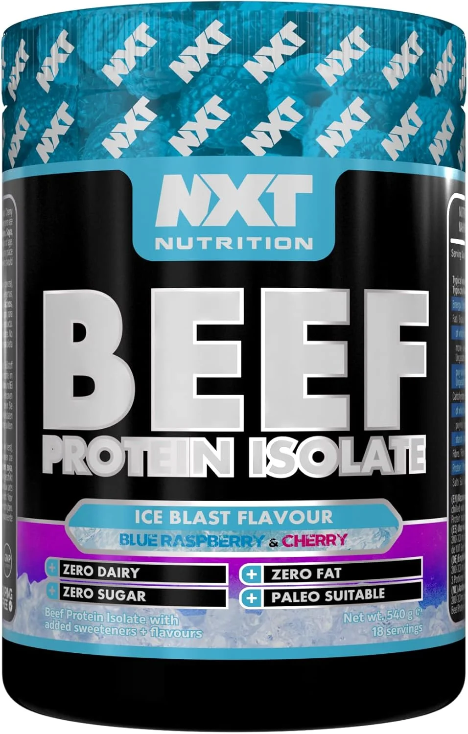 پروتئین ایزوله گوشت گاو NXT با طعم تمشک آبی و انفجار یخ گیلاس 540 گرم، 18 سروینگ