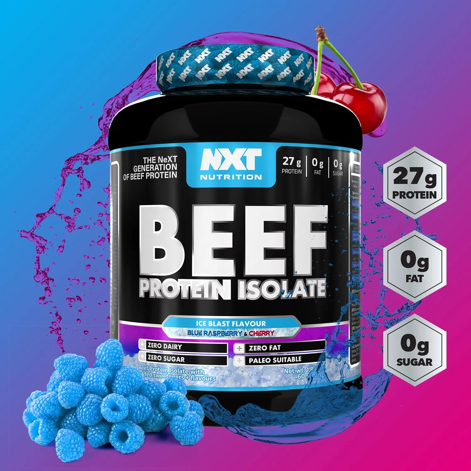 پروتئین ایزوله گوشت گاو NXT با طعم تمشک آبی و انفجار یخ گیلاس، 1.8 کیلوگرم، 60 سروینگ پروتئین ایزوله گوشت گاو NXT با طعم تمشک آبی و انفجار یخ گیلاس، 1.8 کیلوگرم، 60 سروینگ