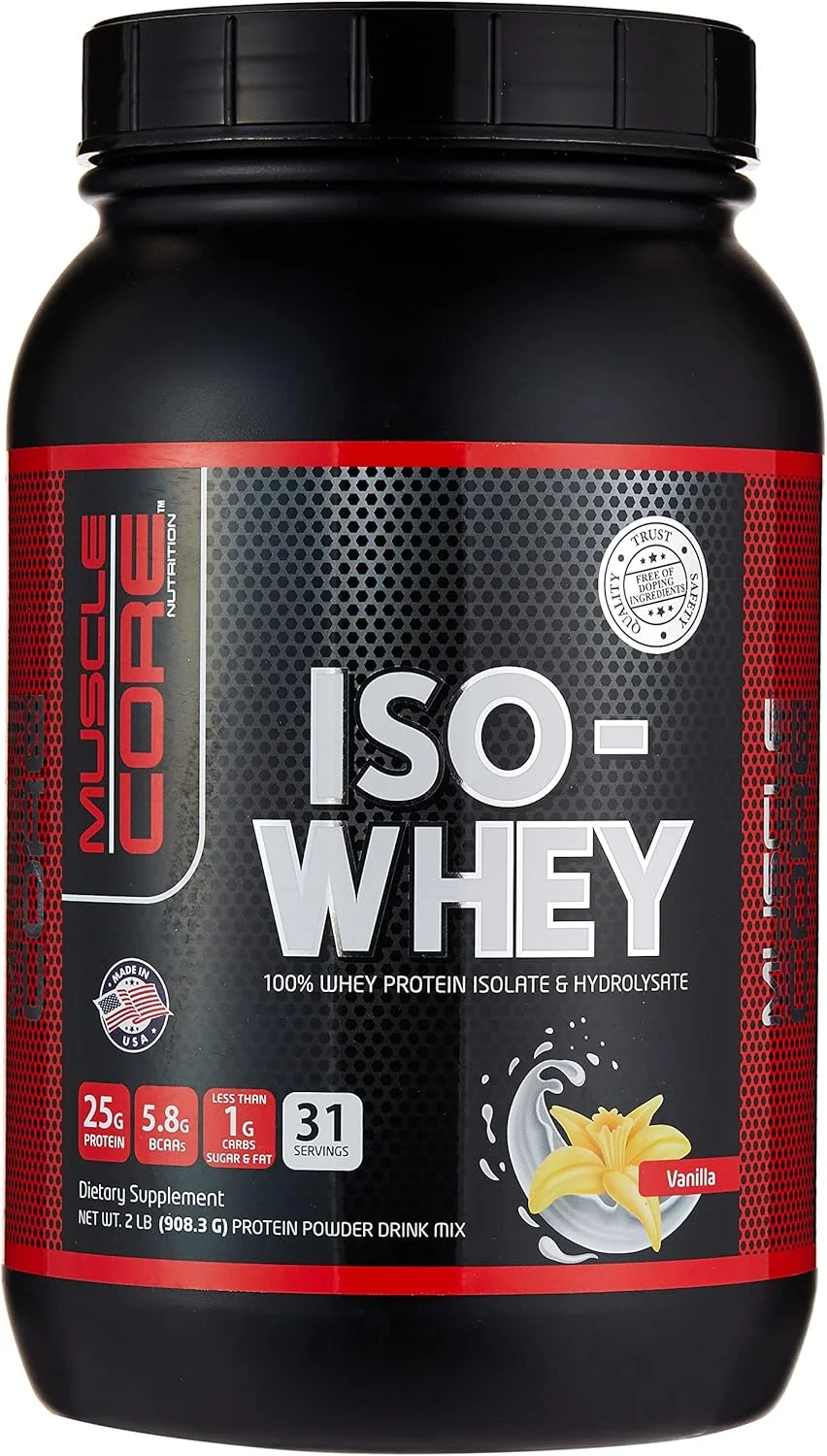 پروتئین وی ایزوله وانیلی Muscle Core Nutrition، 2 پوند (900.3 گرم) | 25 گرم پروتئین، 5.8 گرم BCAA، کمتر از 1 گرم کربوهیدرات، شکر و چربی | ترکیبی از پروتئین وی ایزوله و هیدرولیز سریع الاثر | بدون گلوتن