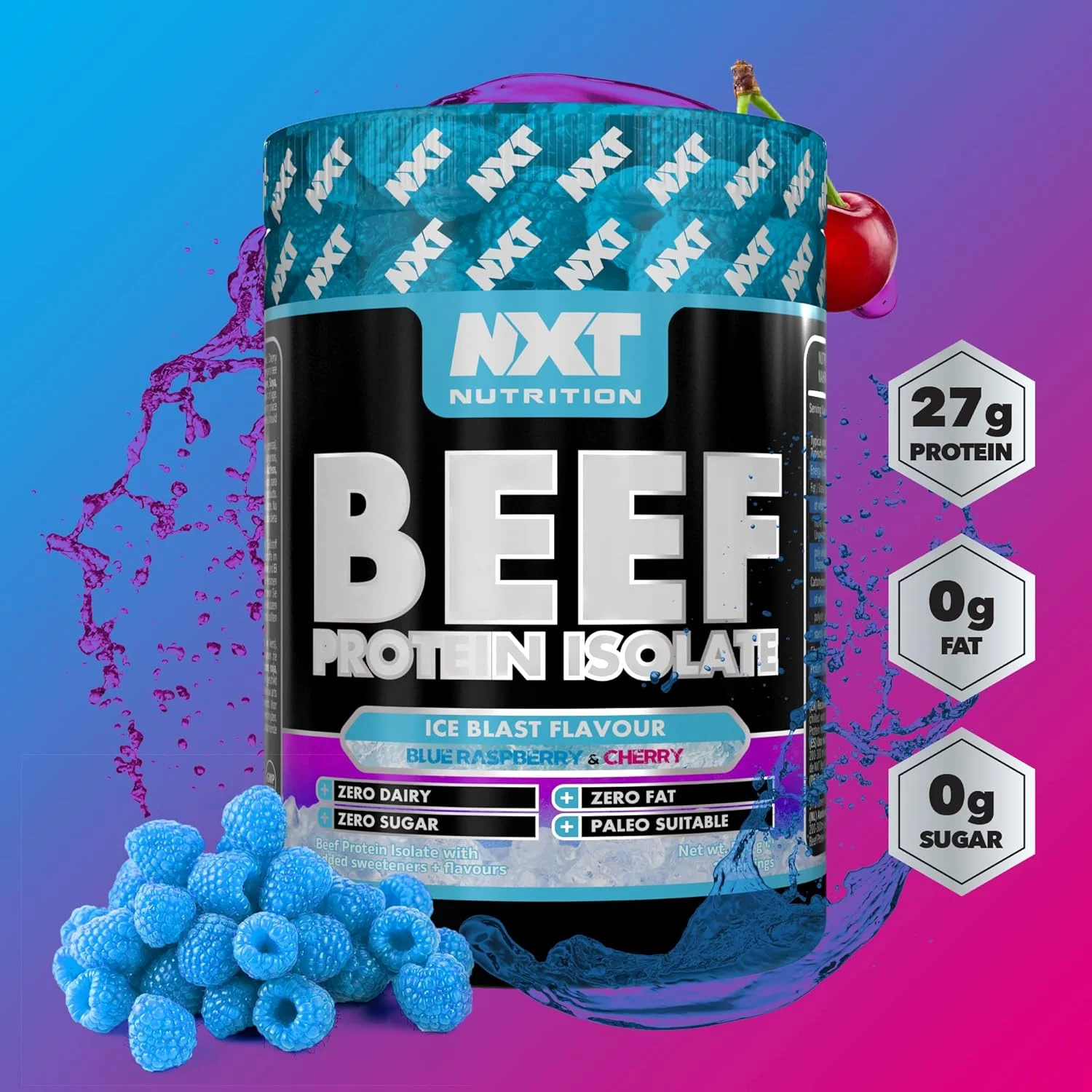 پروتئین ایزوله گوشت گاو NXT با طعم تمشک آبی و انفجار یخ گیلاس 540 گرم، 18 سروینگ پروتئین ایزوله گوشت گاو NXT با طعم تمشک آبی و انفجار یخ گیلاس 540 گرم، 18 سروینگ