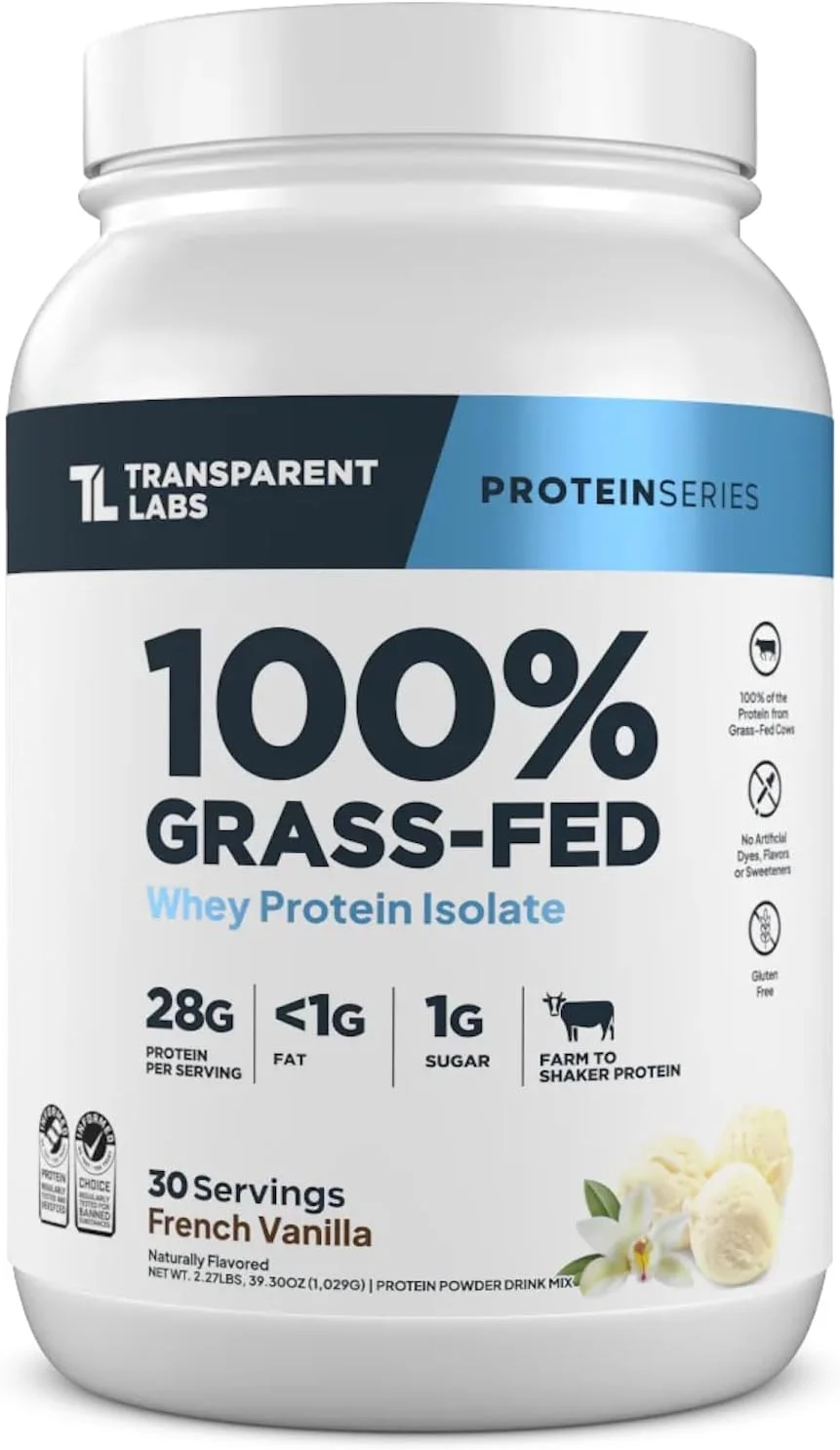 پروتئین وی ایزوله تغذیه شده با علف Transparent Labs - طعم طبیعی، پودر پروتئین وی بدون گلوتن با 28 گرم پروتئین در هر وعده و 9 اسید آمینه - 30 وعده، وانیل فرانسوی