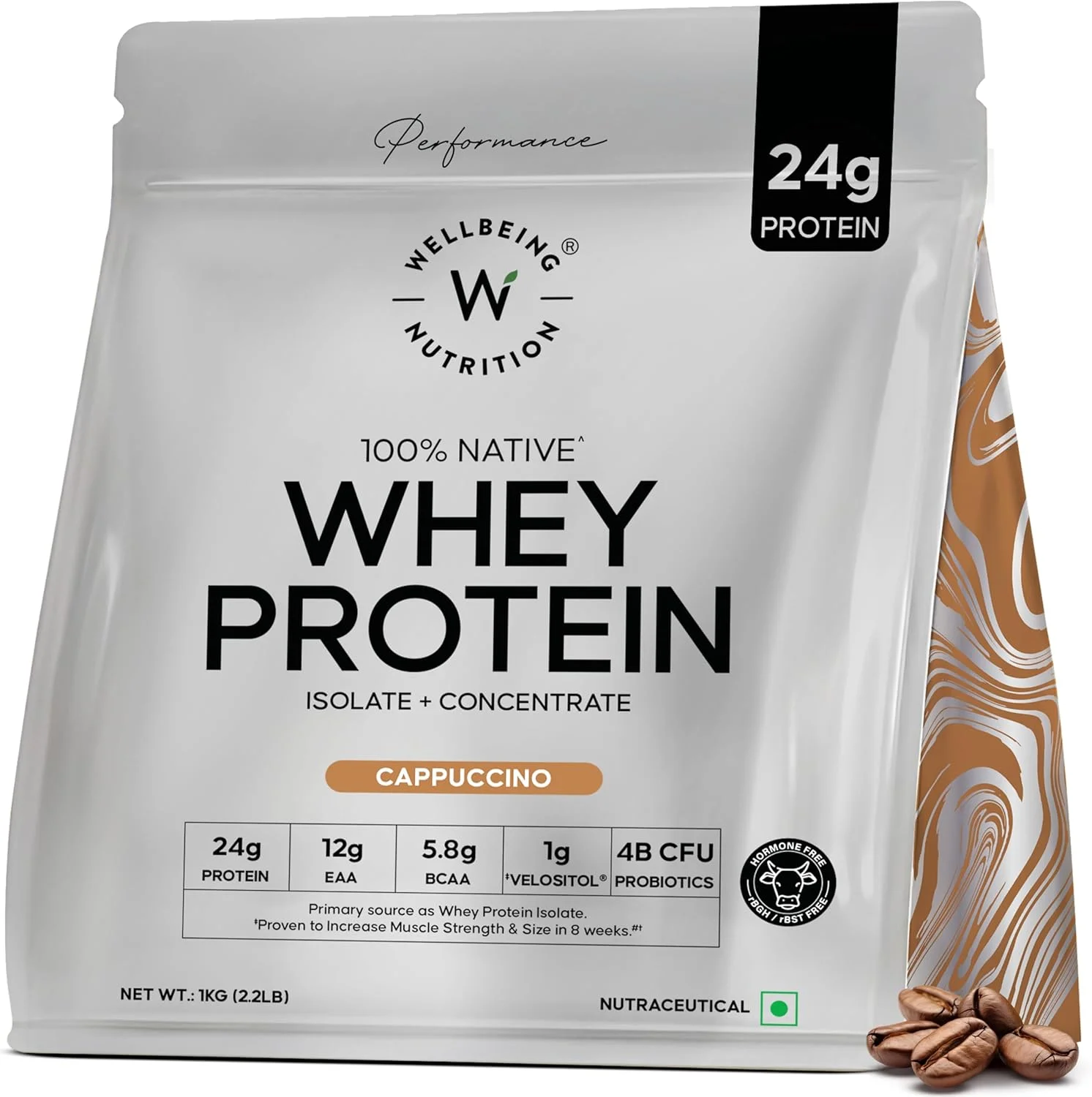 پروتئین وی ایزوله + کنسانتره WELLBEING NUTRITION (کاپوچینو) | 24 گرم پروتئین، 12 گرم EAA، 5.8 گرم BCAA | از نظر بالینی 2 برابر سنتز پروتئین عضلانی ثابت شده است | 4B CFU پروبیوتیک و آنزیم های گوارشی | 1 کیلوگرم