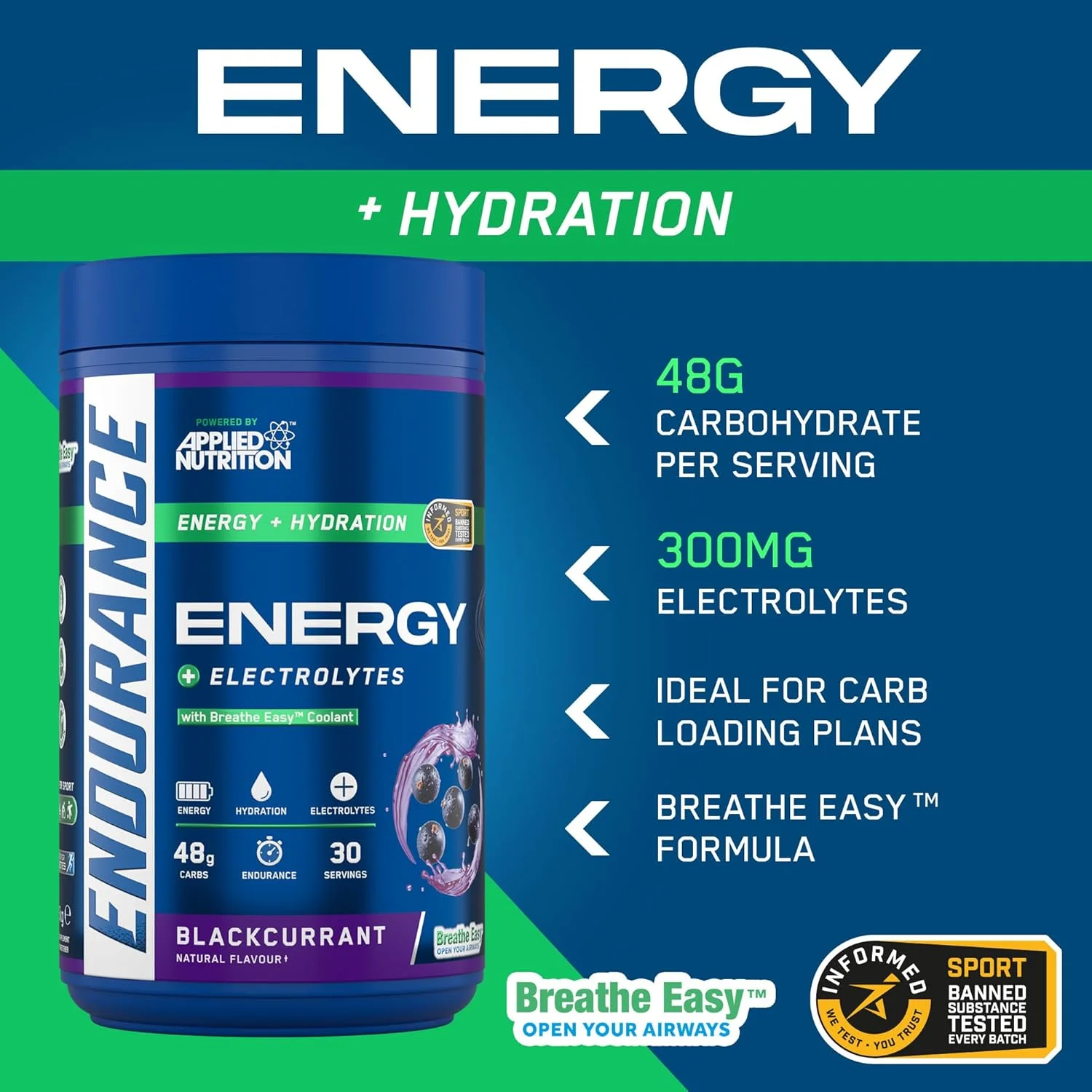 پودر نوشیدنی انرژی زا Applied Nutrition Endurance - Breathe، حاوی کربوهیدرات و الکترولیت برای انرژی سریع، فرمول تنفس آسان برای باز کردن راه های هوایی (1.5 کیلوگرم - 30 سروینگ) (بلک کارنت) پودر نوشیدنی انرژی زا Applied Nutrition Endurance - Breathe، حاوی کربوهیدرات و الکترولیت برای انرژی سریع، فرمول تنفس آسان برای باز کردن راه های هوایی (1.5 کیلوگرم - 30 سروینگ) (بلک کارنت)