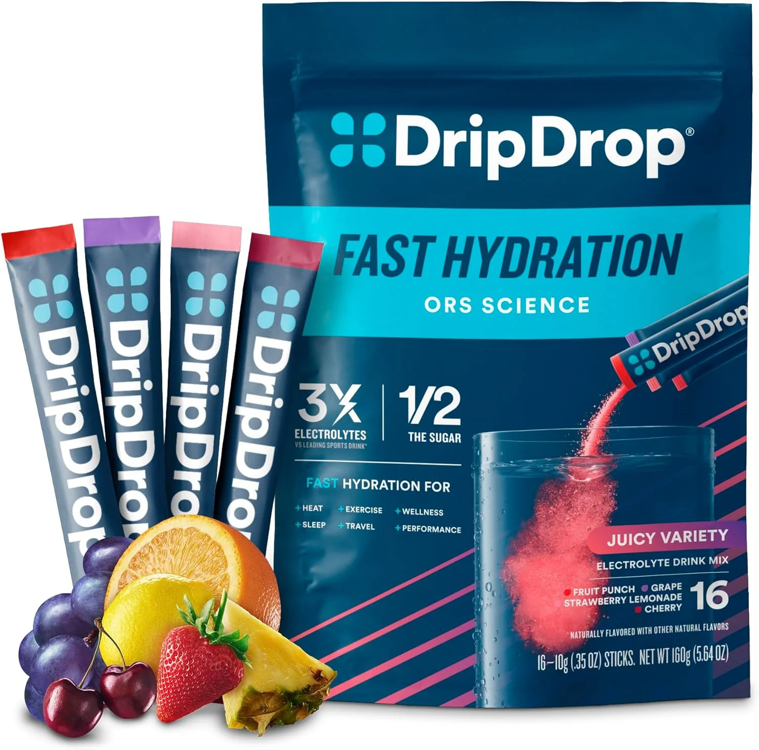 پودر الکترولیت DripDrop Hydration - بسته های پودری - انگور، پانچ میوه، لیموناد توت فرنگی، گیلاس - 16 عدد پودر الکترولیت DripDrop Hydration - بسته های پودری - انگور، پانچ میوه، لیموناد توت فرنگی، گیلاس - 16 عدد